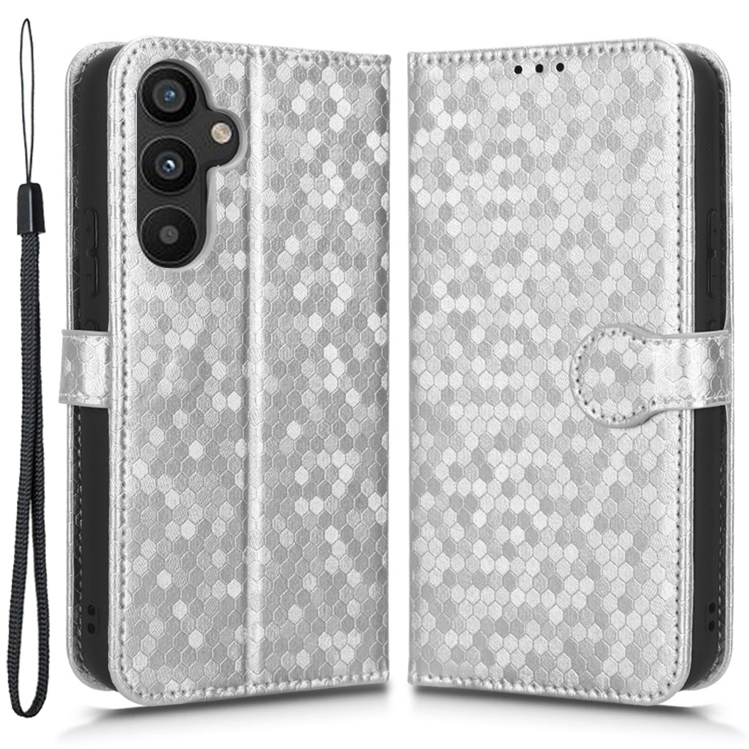 Pro Samsung Galaxy A34 5G tečkovaný kryt na telefon s potiskem PU kožený kryt na peněženku odolný proti nárazu s popruhem