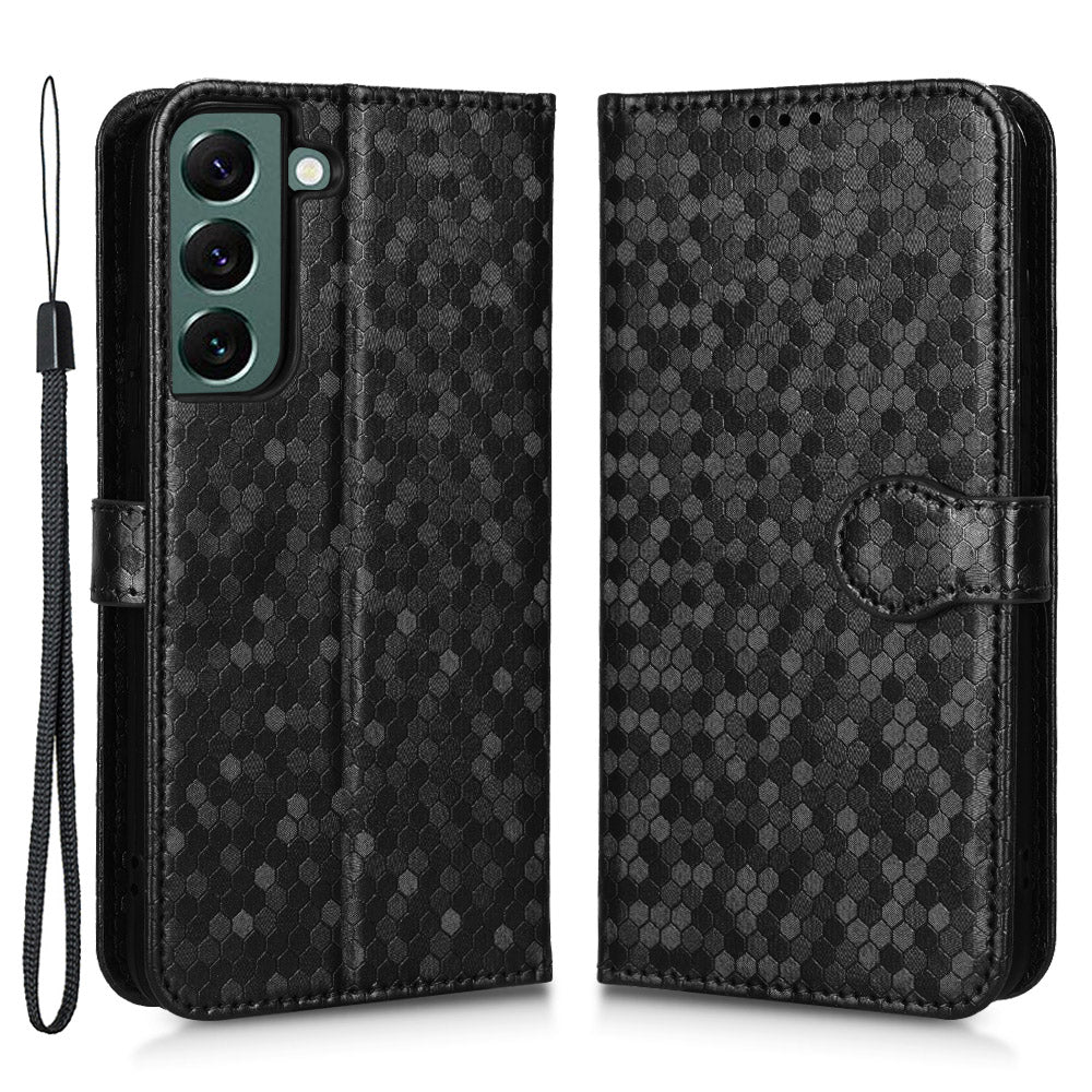 For Samsung Galaxy S23 Mobile Phone Cover Dot Pattern Imprinted PU Leather Anti-Scratch Wallet Stand Case with Strap