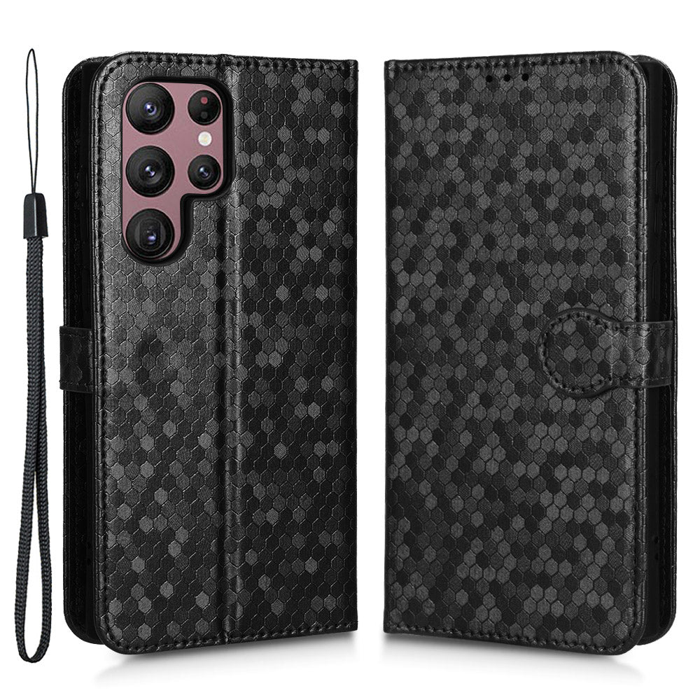 Imprinted Dot Pattern Phone Shell for Samsung Galaxy S23 Ultra Wallet Stand PU Leather Shockproof Cover with Strap