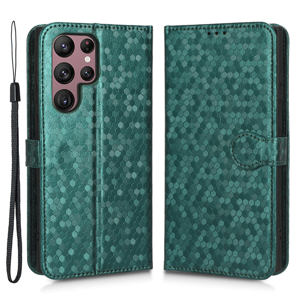 Kryt telefonu s potiskem tečkovaného vzoru pro Samsung Galaxy S23 Ultra Wallet Stand PU kožený nárazuvzdorný kryt s popruhem