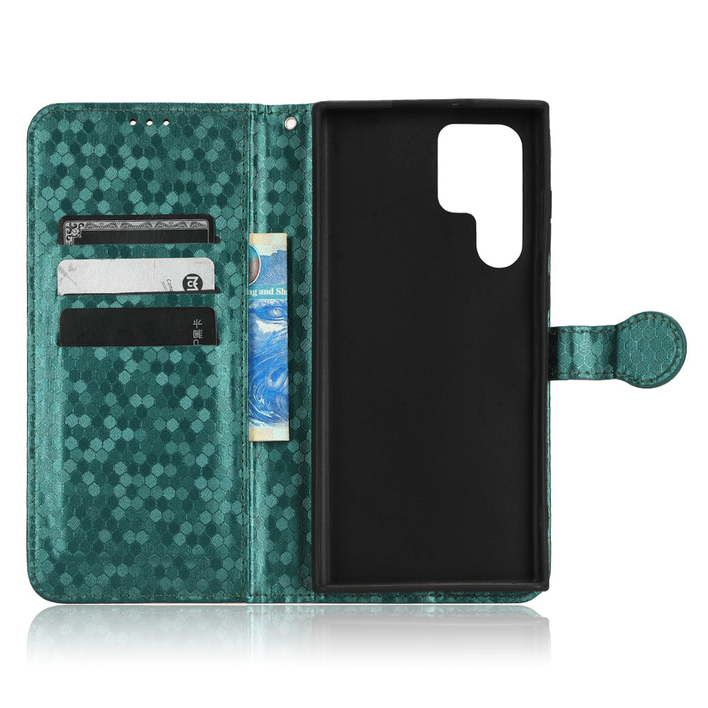Kryt telefonu s potiskem tečkovaného vzoru pro Samsung Galaxy S23 Ultra Wallet Stand PU kožený nárazuvzdorný kryt s popruhem