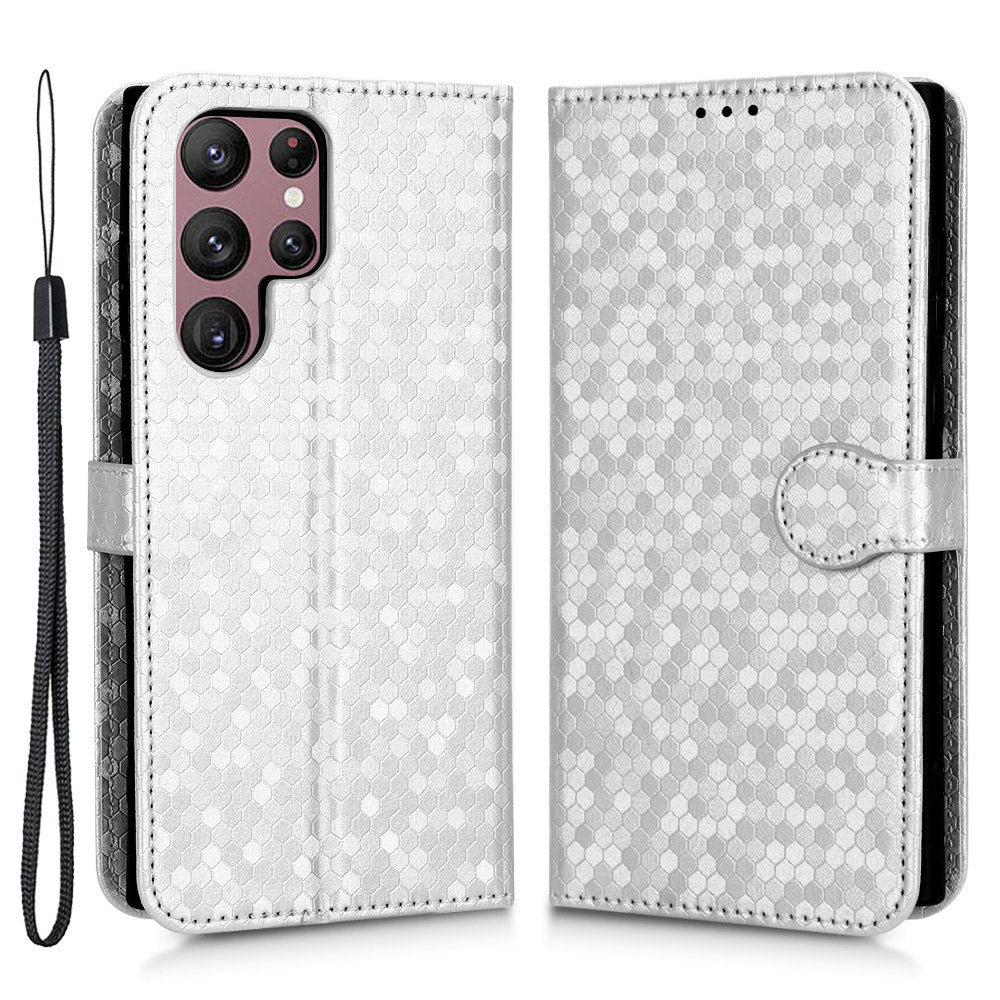 Kryt telefonu s potiskem tečkovaného vzoru pro Samsung Galaxy S23 Ultra Wallet Stand PU kožený nárazuvzdorný kryt s popruhem