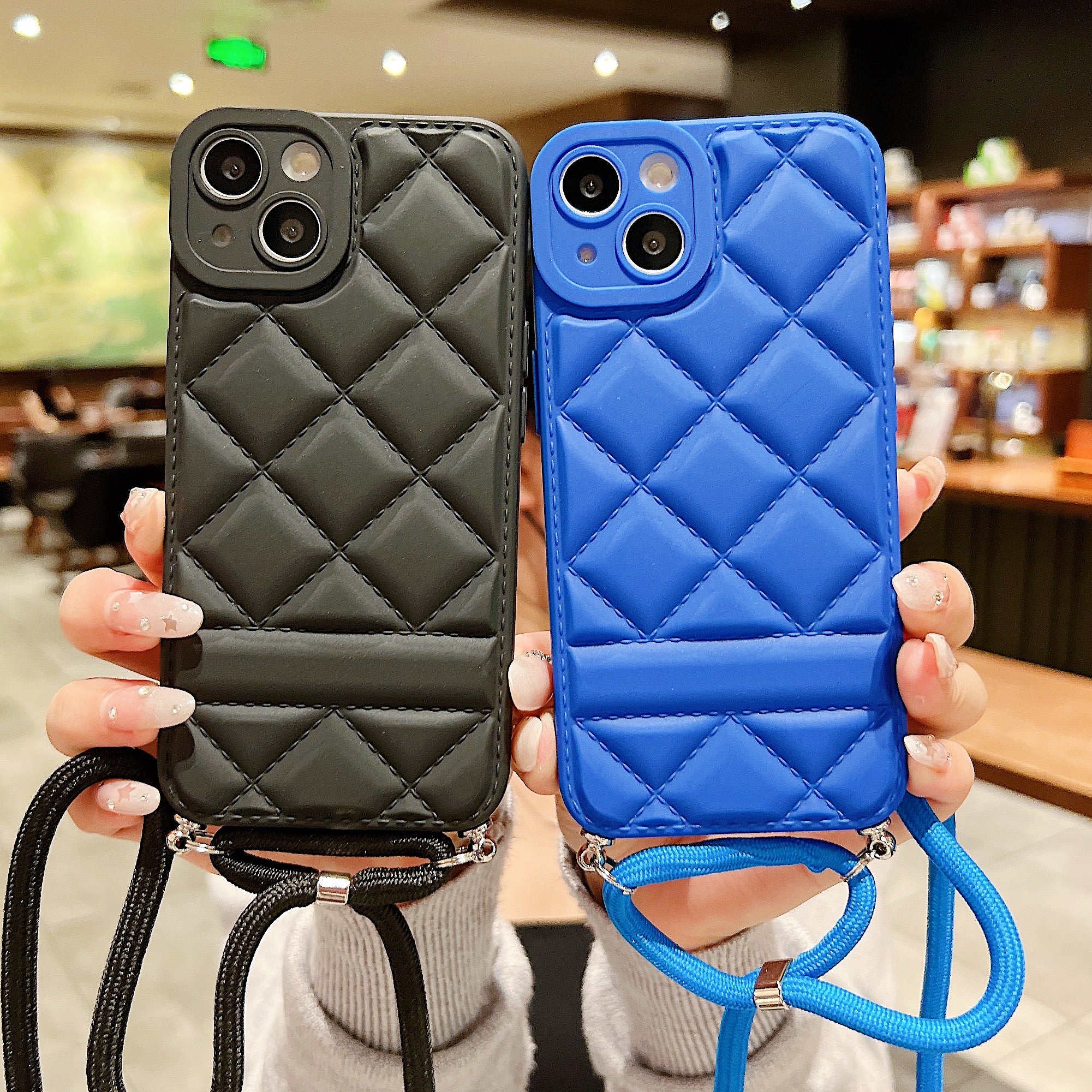 For iPhone 14 Plus Stitching Rhombus Grid Pattern Phone Case Precise Cutout Leather Coated TPU Anti-drop Back Cover with Shoulder Strap