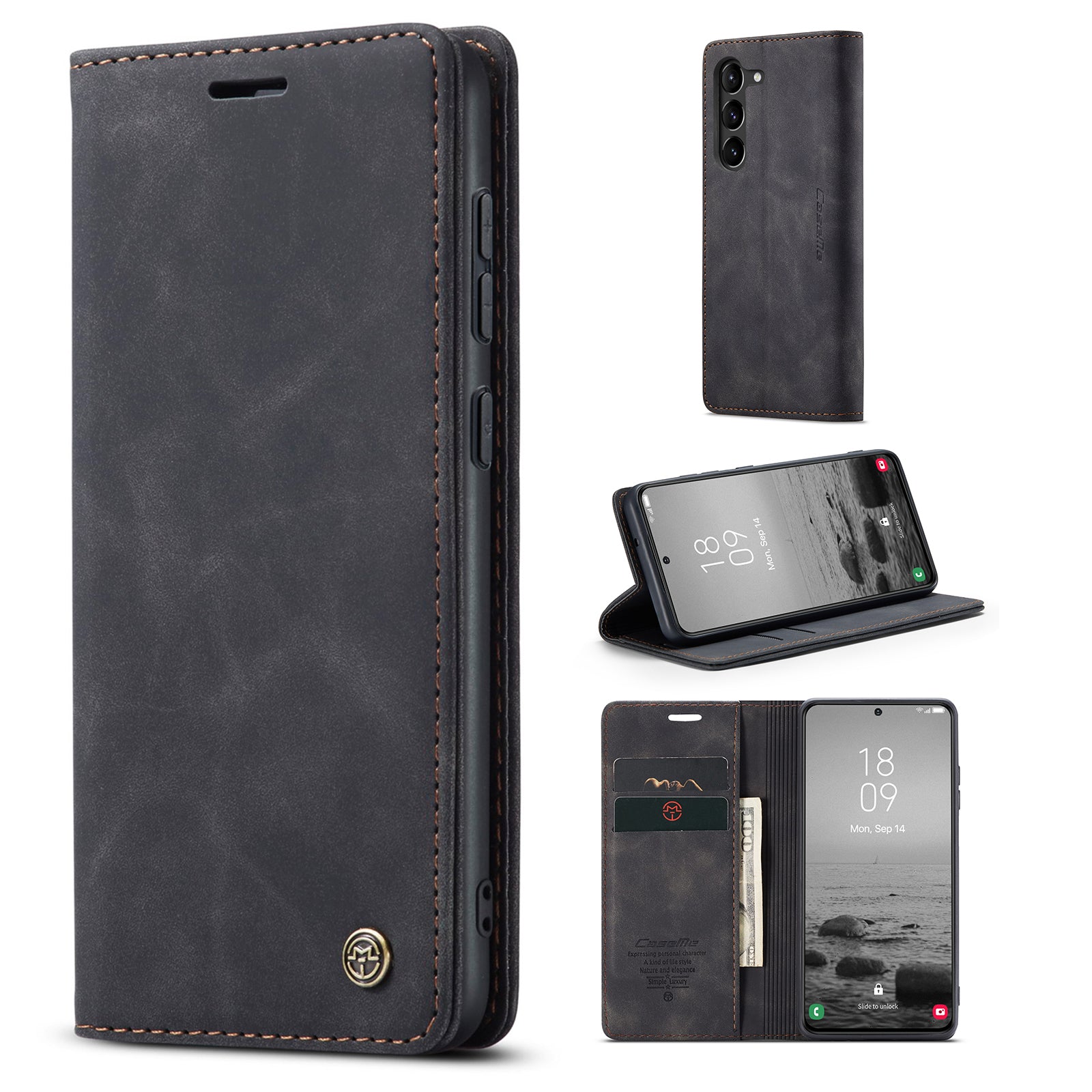 CASEME 013 Series For Samsung Galaxy S23 Stand Function PU Leather Wallet Case Magnetic Auto-absorbed Phone Case