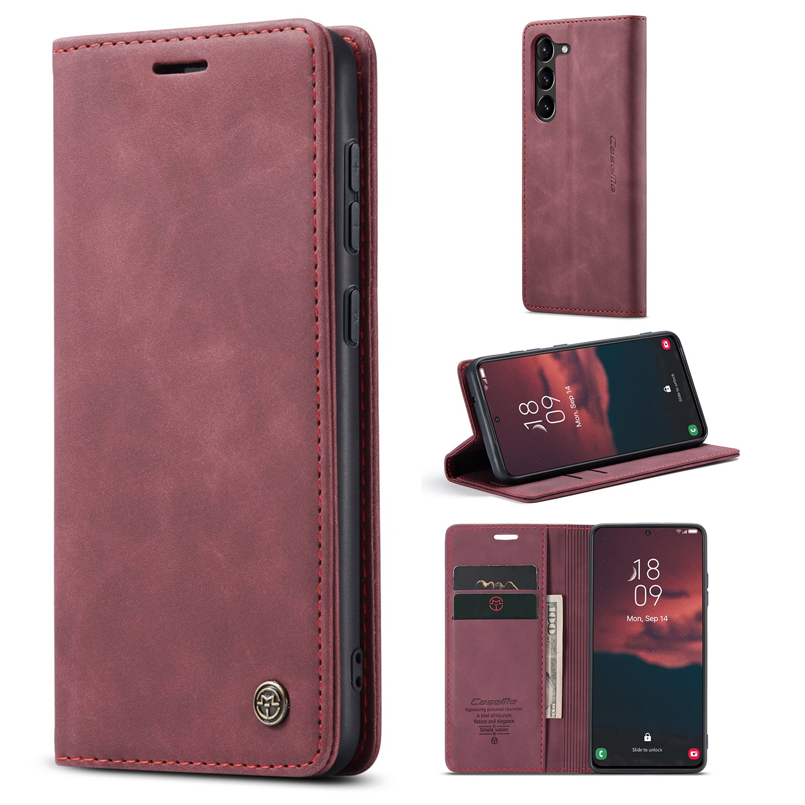 CASEME 013 Series For Samsung Galaxy S23 Stand Function PU Leather Wallet Case Magnetic Auto-absorbed Phone Case