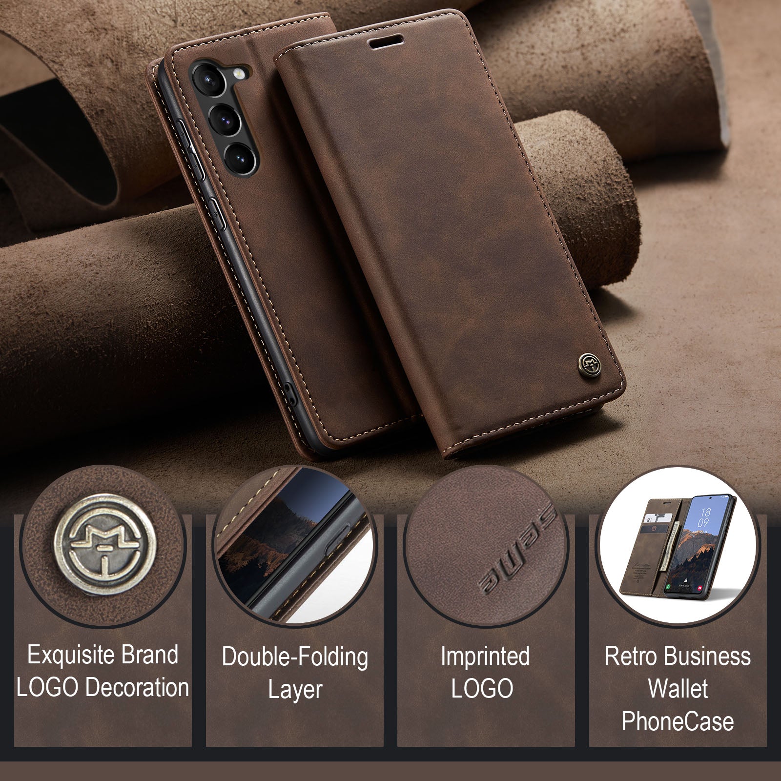 CASEME 013 Series For Samsung Galaxy S23 Stand Function PU Leather Wallet Case Magnetic Auto-absorbed Phone Case
