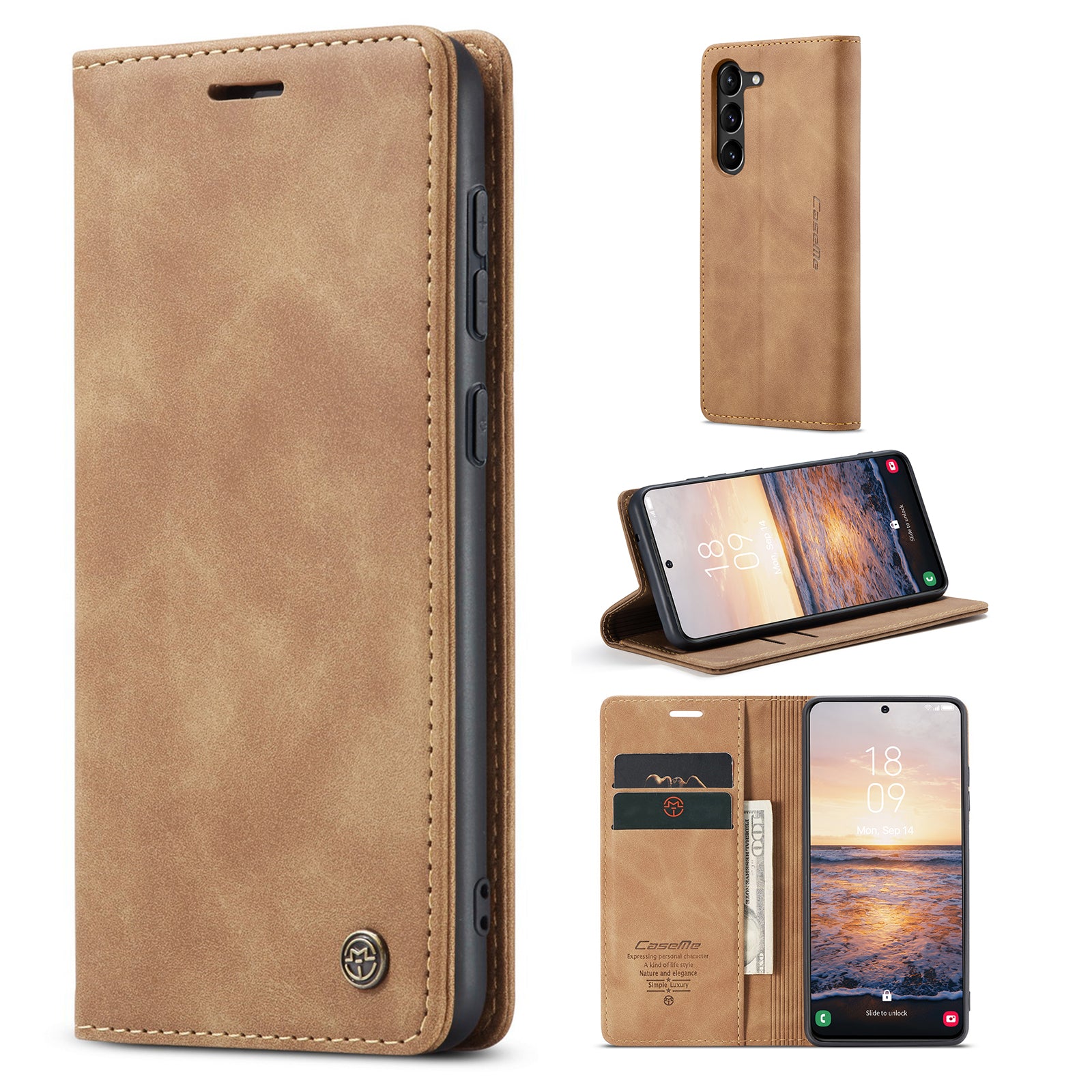 CASEME 013 Series For Samsung Galaxy S23 Stand Function PU Leather Wallet Case Magnetic Auto-absorbed Phone Case