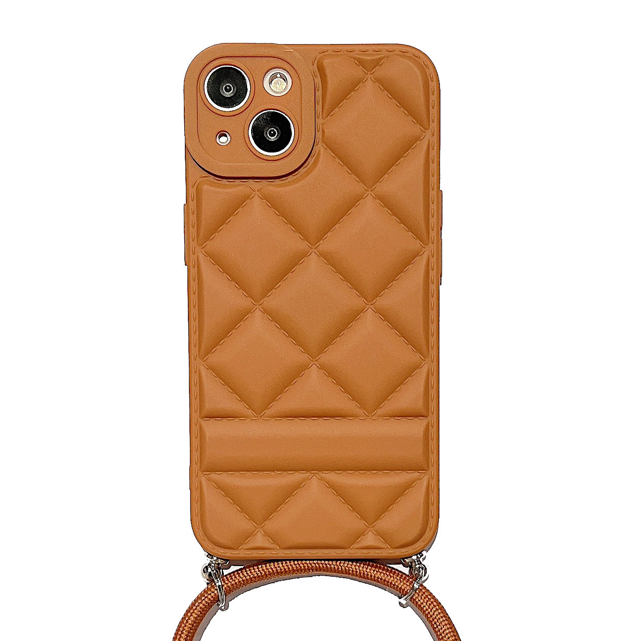 For iPhone 13 6.1 inch Stitching Rhombus Grid Pattern PU Leather Coated TPU Cover Precise Cutout Lens Protection Phone Cover with Shoulder Strap