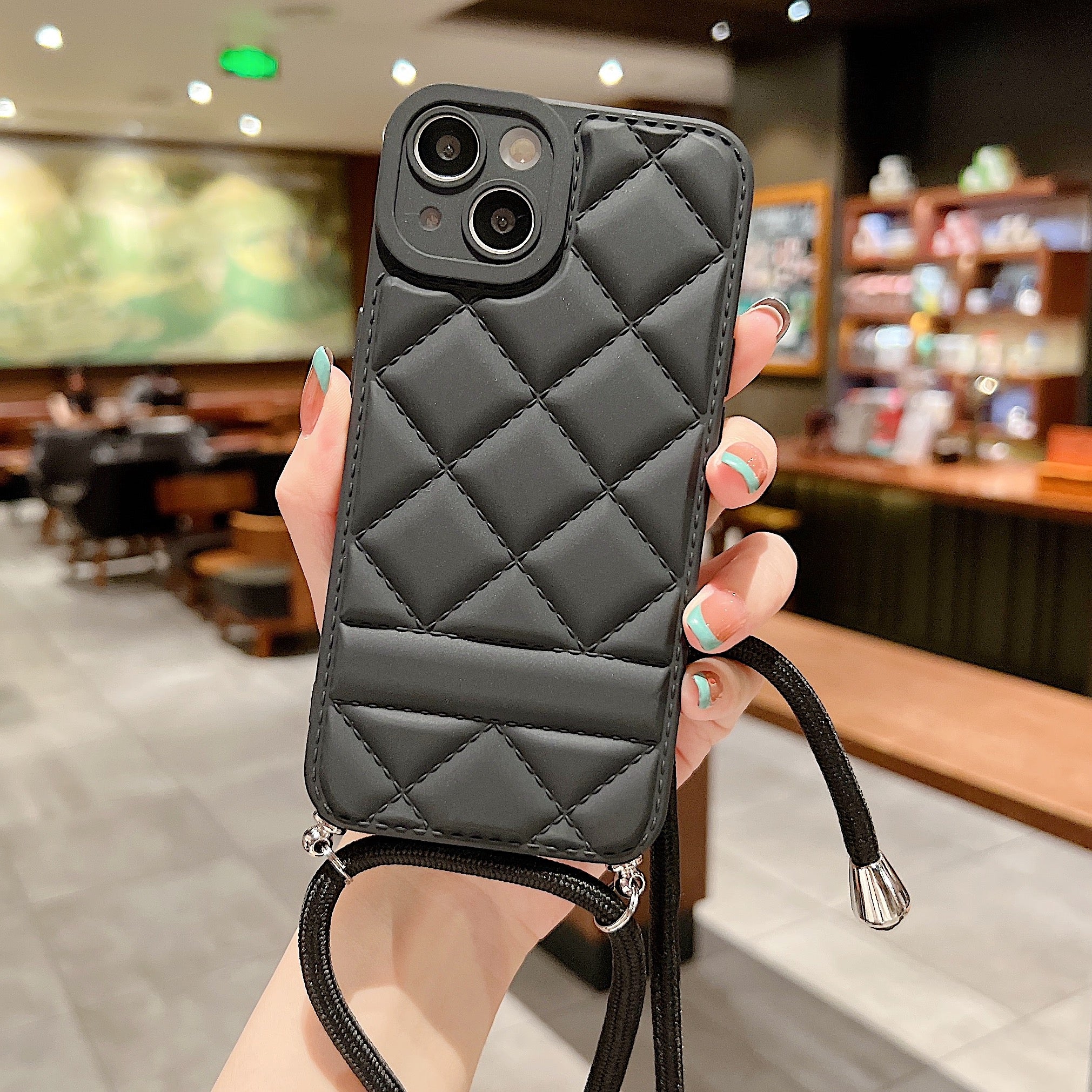 Pro iPhone 13 6,1 palce Šití kosočtvercový vzor mřížky PU kryt TPU potažený kůží Přesný výřez Ochrana objektivu Kryt telefonu s popruhem přes rameno