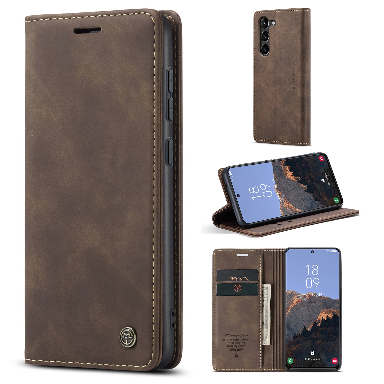 CASEME 013 Series For Samsung Galaxy S23 Stand Function PU Leather Wallet Case Full Protection Magnetic Auto-absorbed Phone Case