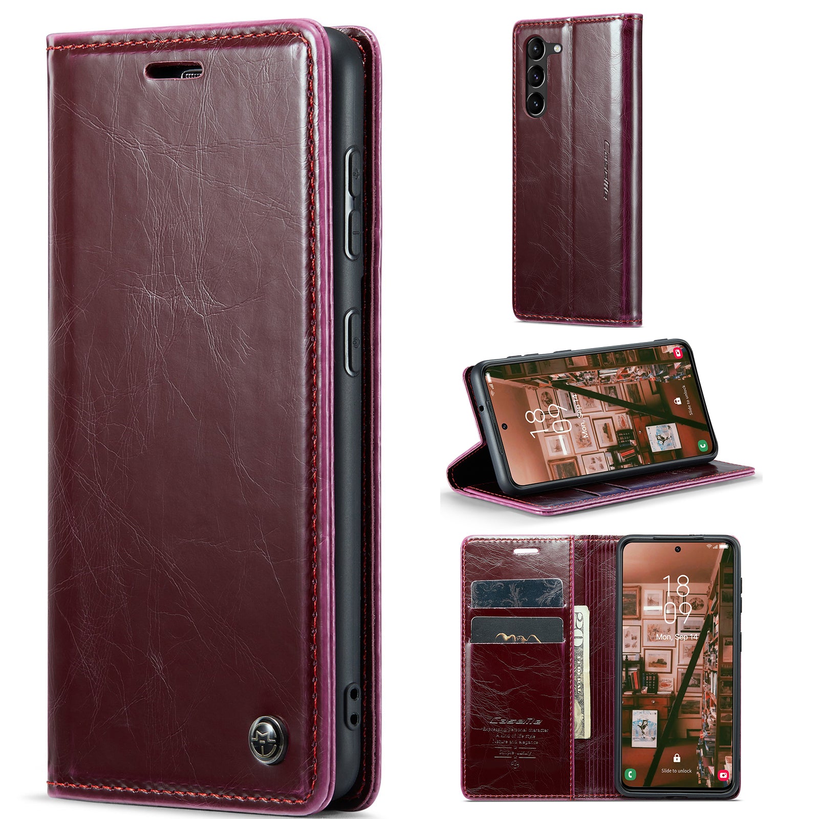 CASEME 003 Series For Samsung Galaxy S23 Full Coverage Waxy Texture Magnetic Auto-absorbed Phone Case Wallet Stand PU Leather Cell Phone Cover