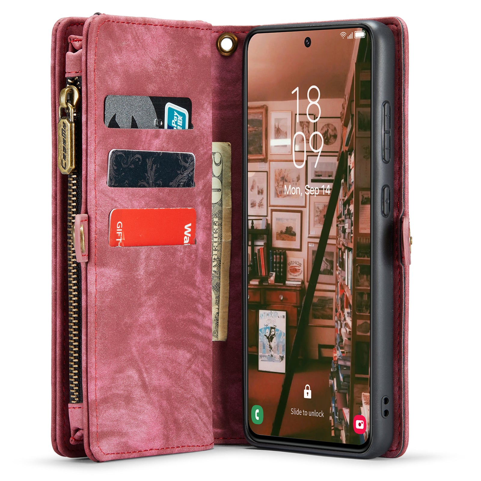 CASEME 008 Series for Samsung Galaxy S23 Multi-Functional PU Leather Foldable Stand Cover Detachable Magnetic Zipper Wallet Case