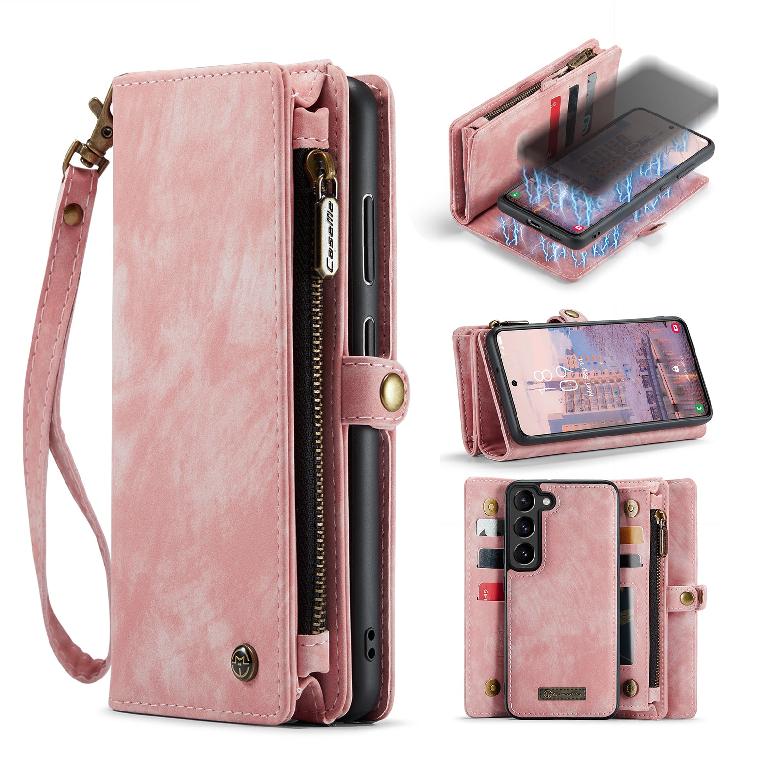 CASEME 008 Series for Samsung Galaxy S23 Multi-Functional PU Leather Foldable Stand Cover Detachable Magnetic Zipper Wallet Case