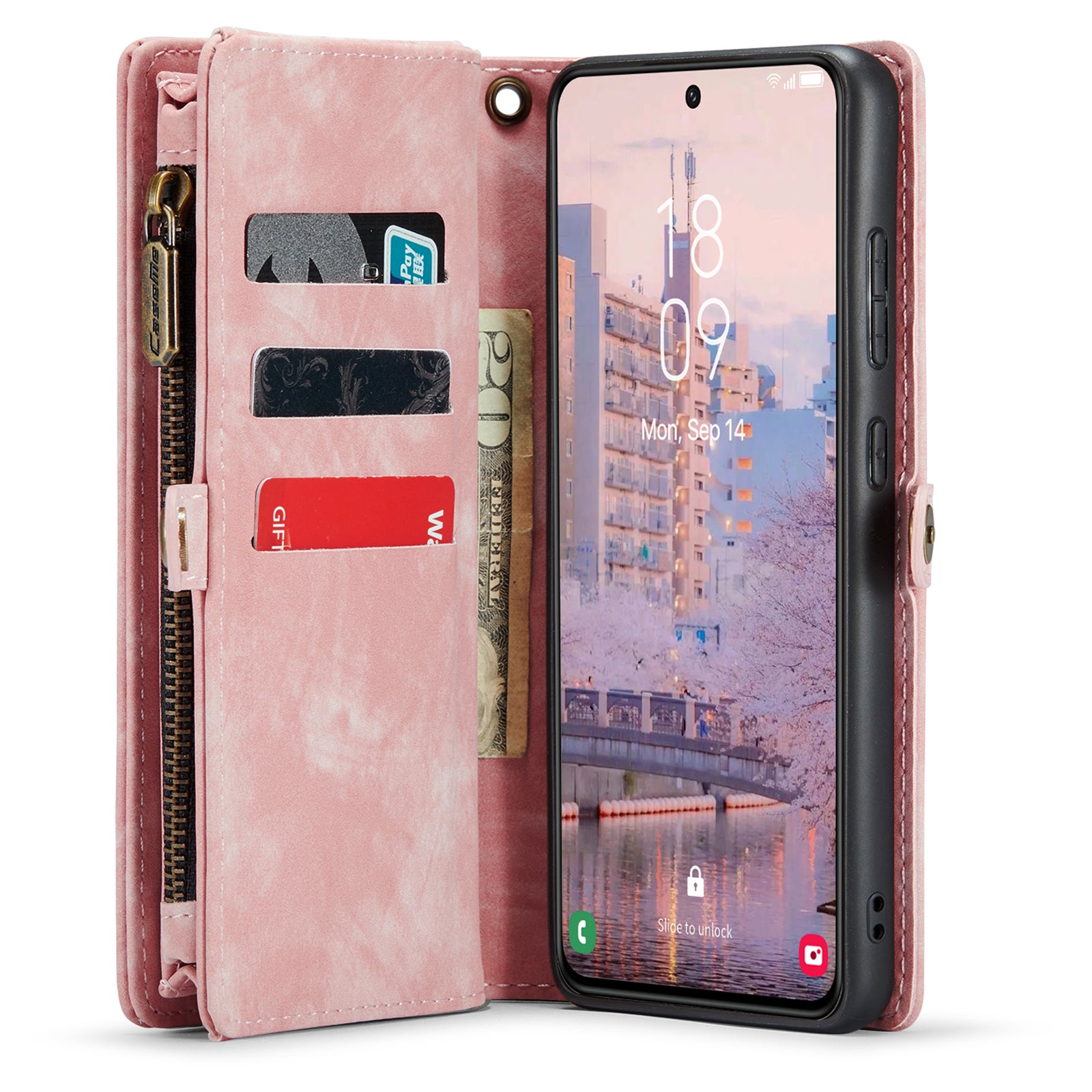 CASEME 008 Series for Samsung Galaxy S23 Multi-Functional PU Leather Foldable Stand Cover Detachable Magnetic Zipper Wallet Case