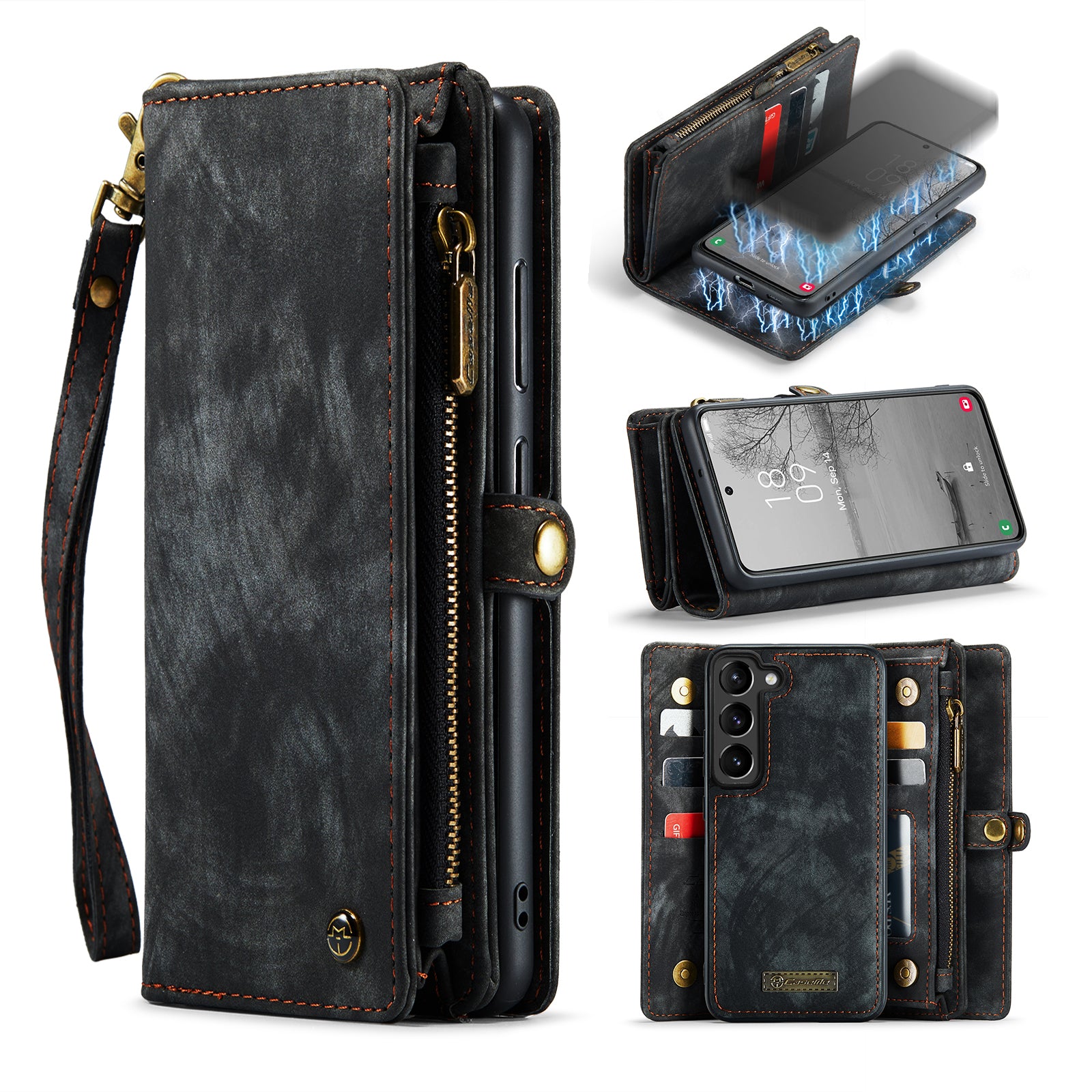 CASEME 008 Series for Samsung Galaxy S23 Multi-Functional PU Leather Hands-free Stand Flip Cover Detachable Magnetic Zipper Wallet Case