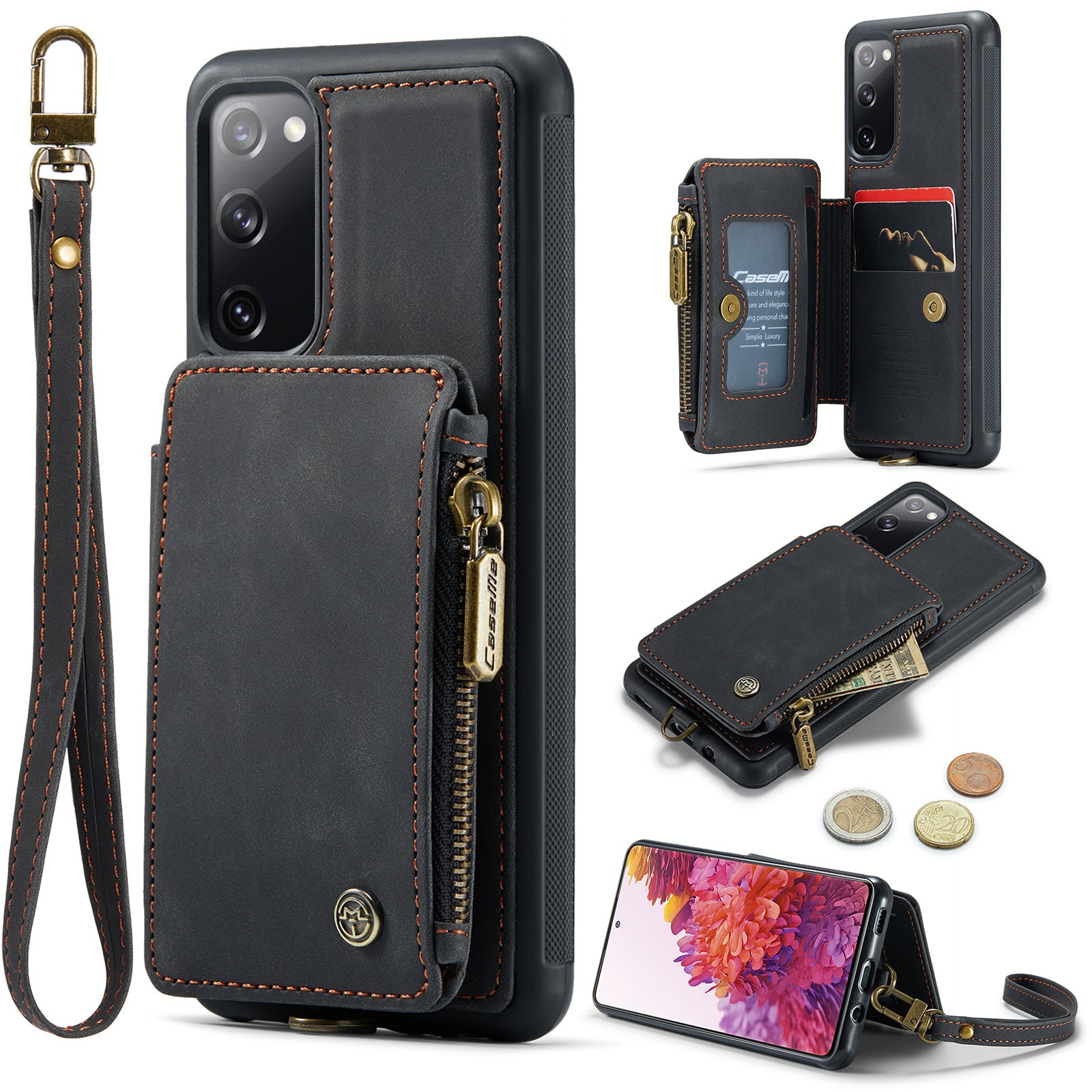 CASEME C20 Series for Samsung Galaxy S20 FE S20 FE 5G S20 FE 2022 S20 Lite RFID Blocking Zipper Pocket Phone Case PU Leather Coated TPU Cover Wallet Kickstand