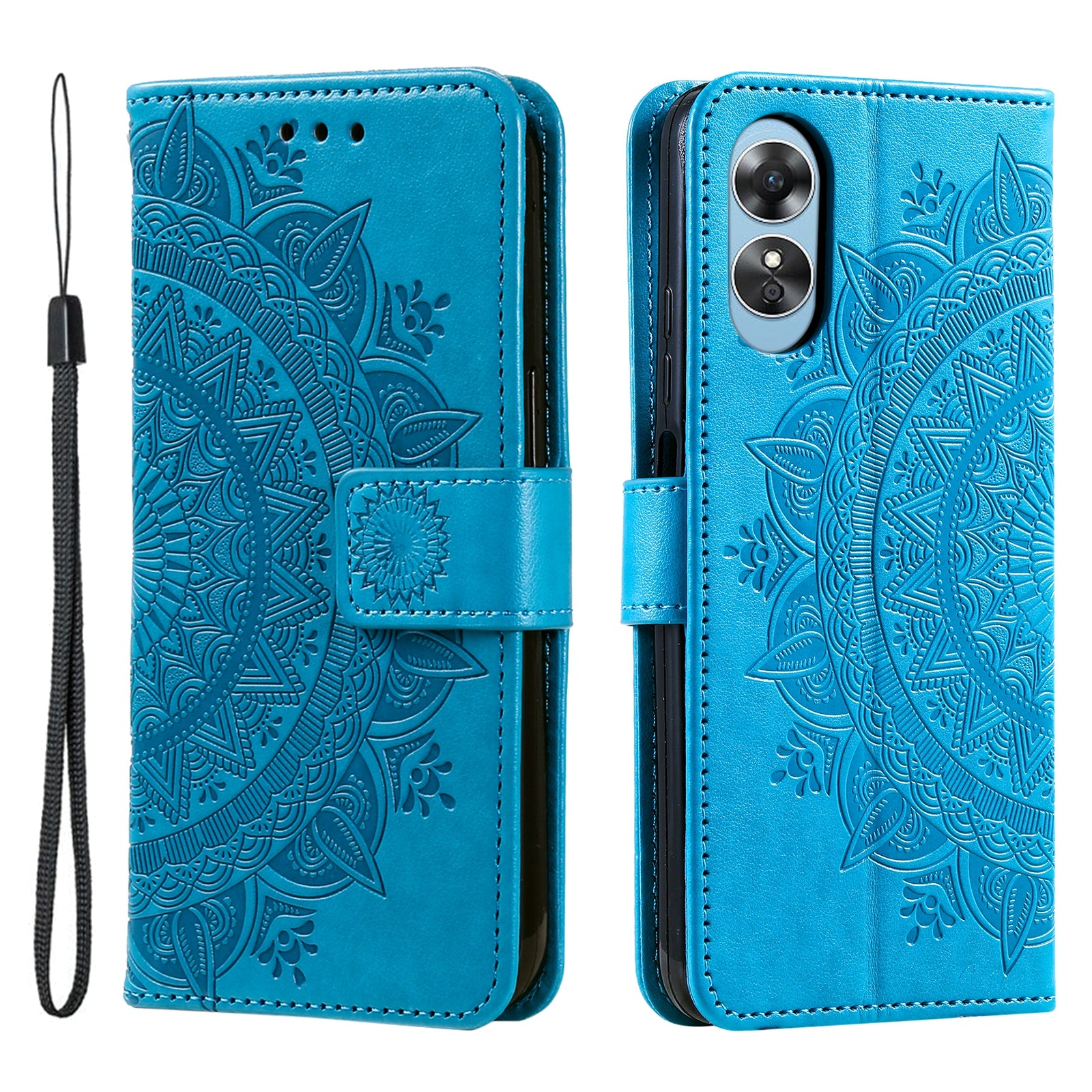 Mobile Phone Case for Oppo A58 5G Imprinted Mandala Flower Pattern Wallet Stand Phone Cover with Strap