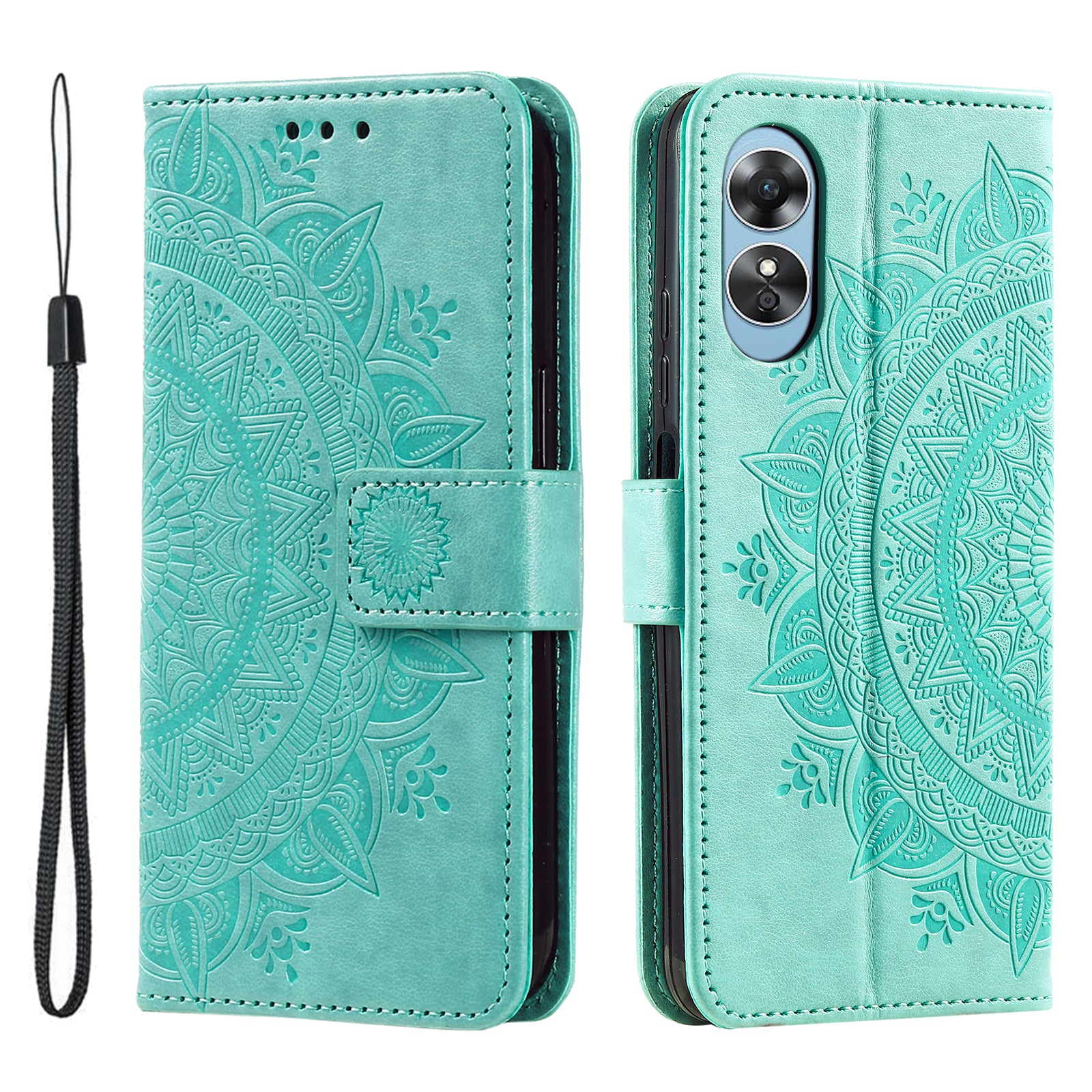 Mobile Phone Case for Oppo A58 5G Imprinted Mandala Flower Pattern Wallet Stand Phone Cover with Strap