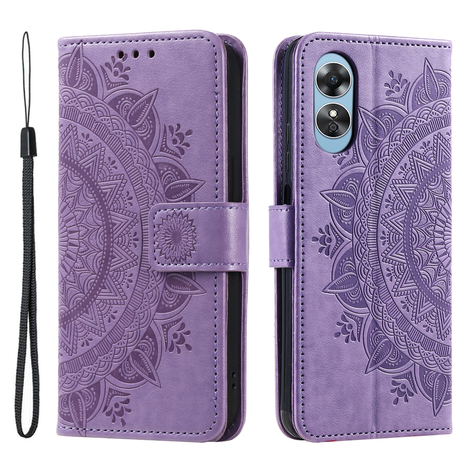 Mobile Phone Case for Oppo A58 5G Imprinted Mandala Flower Pattern Wallet Stand Phone Cover with Strap