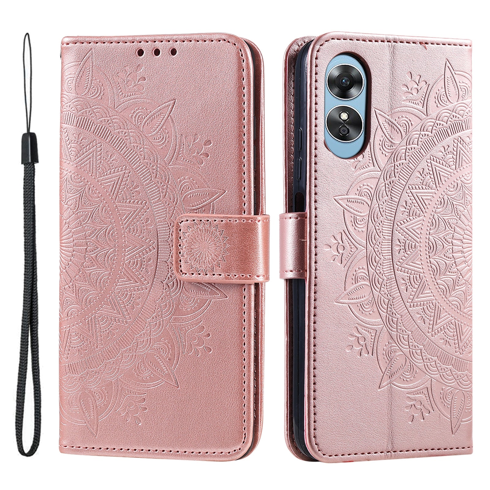 Mobile Phone Case for Oppo A58 5G Imprinted Mandala Flower Pattern Wallet Stand Phone Cover with Strap