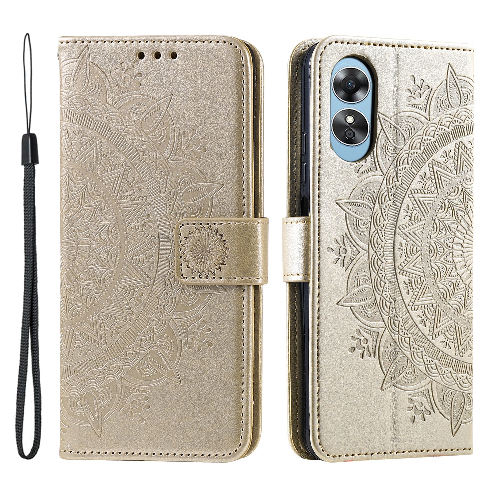 Mobile Phone Case for Oppo A58 5G Imprinted Mandala Flower Pattern Wallet Stand Phone Cover with Strap