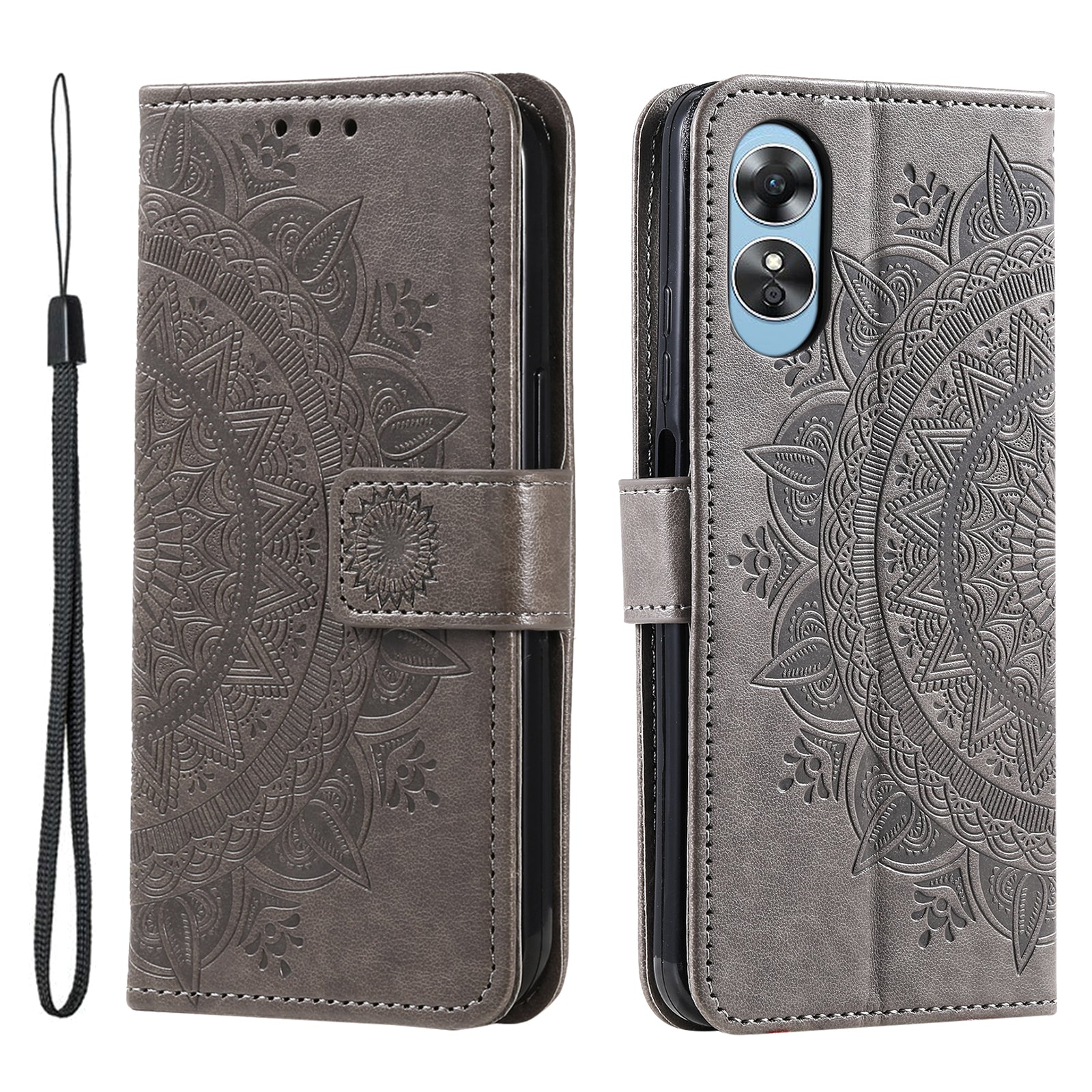 Mobile Phone Case for Oppo A58 5G Imprinted Mandala Flower Pattern Wallet Stand Phone Cover with Strap