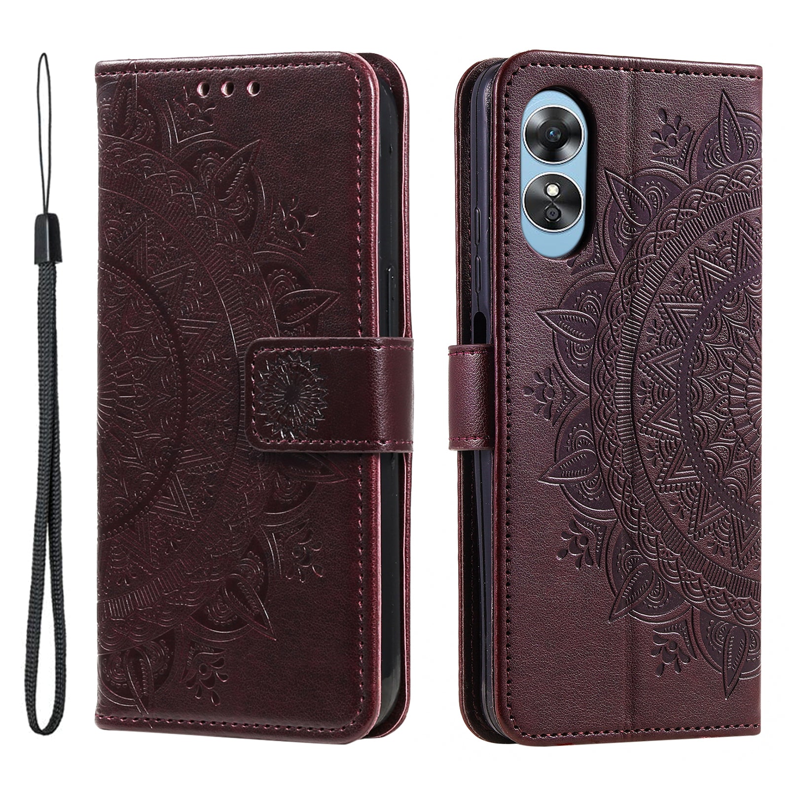 Mobile Phone Case for Oppo A58 5G Imprinted Mandala Flower Pattern Wallet Stand Phone Cover with Strap