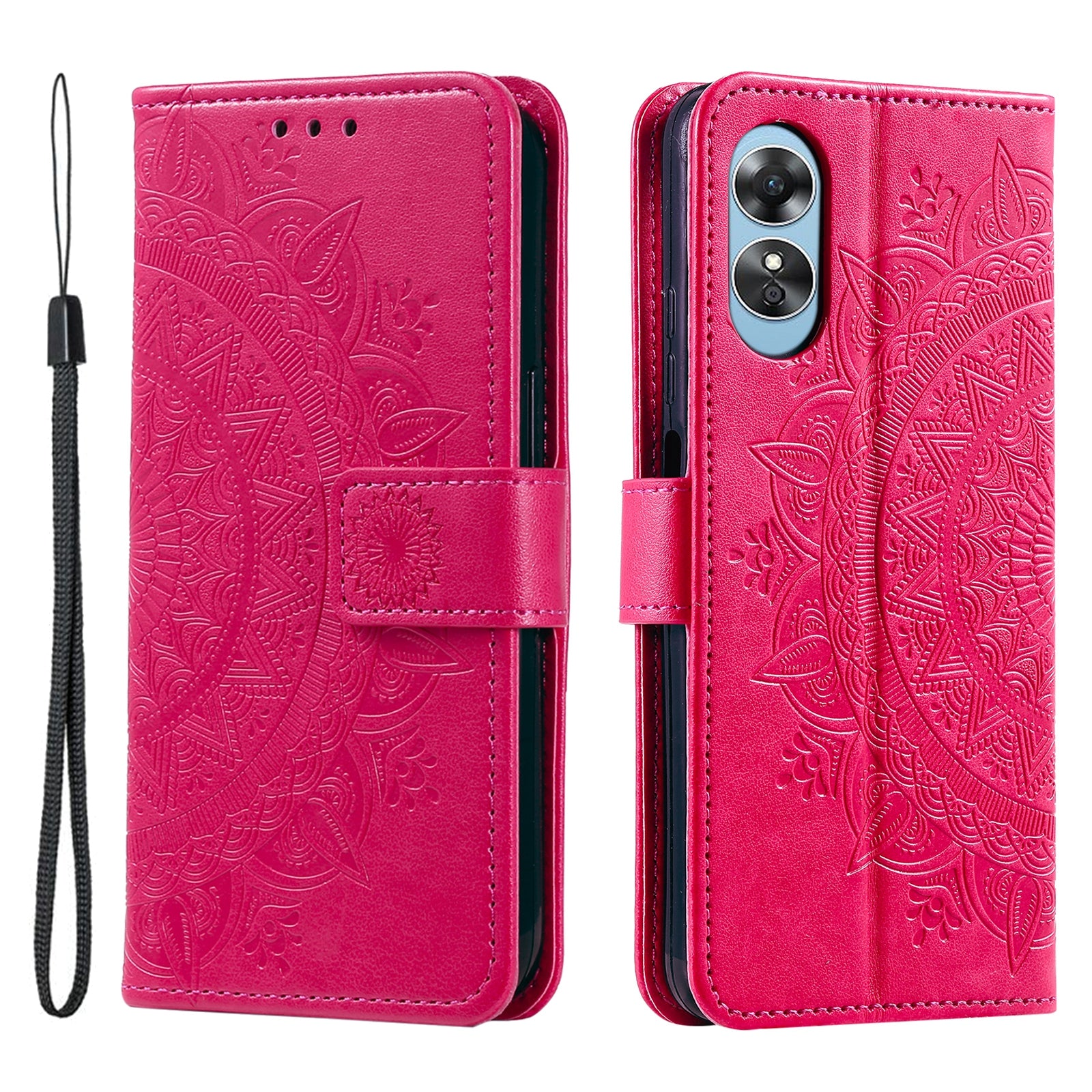 Mobile Phone Case for Oppo A58 5G Imprinted Mandala Flower Pattern Wallet Stand Phone Cover with Strap