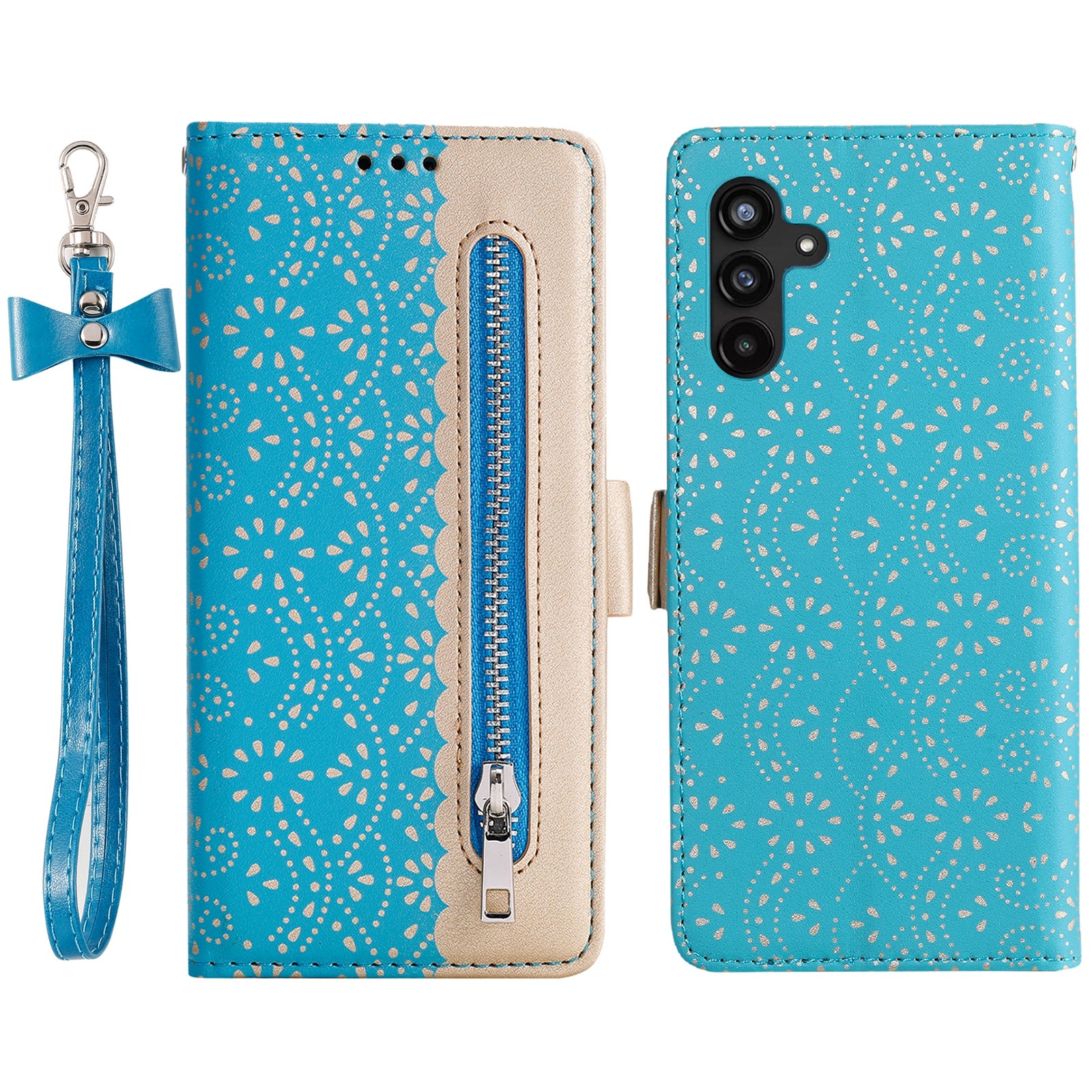 For Samsung Galaxy A54 5G Zipper Wallet Phone Case Lace Flower Pattern PU Leather Phone Stand Cover with Bowknot Wrist Strap