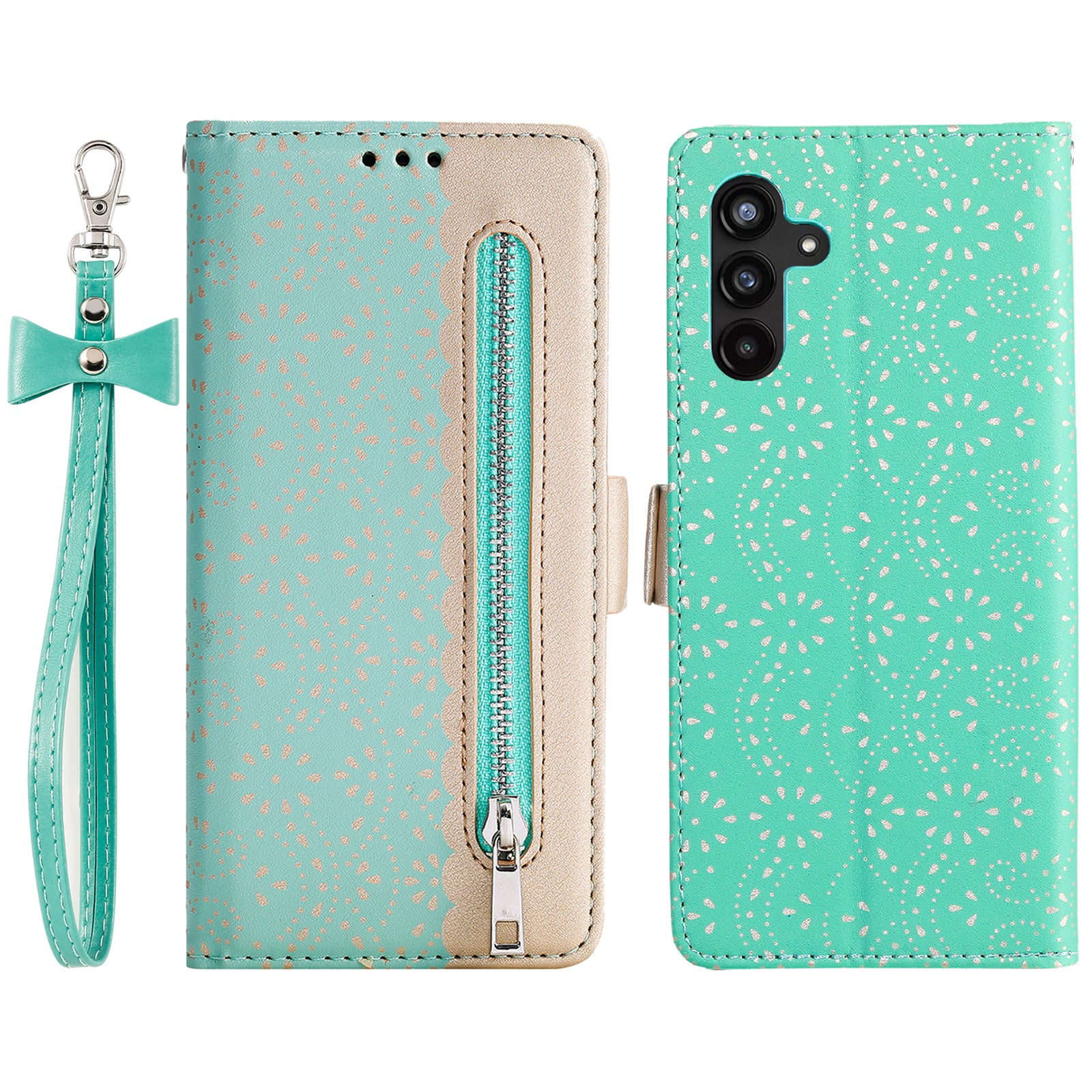 For Samsung Galaxy A54 5G Zipper Wallet Phone Case Lace Flower Pattern PU Leather Phone Stand Cover with Bowknot Wrist Strap