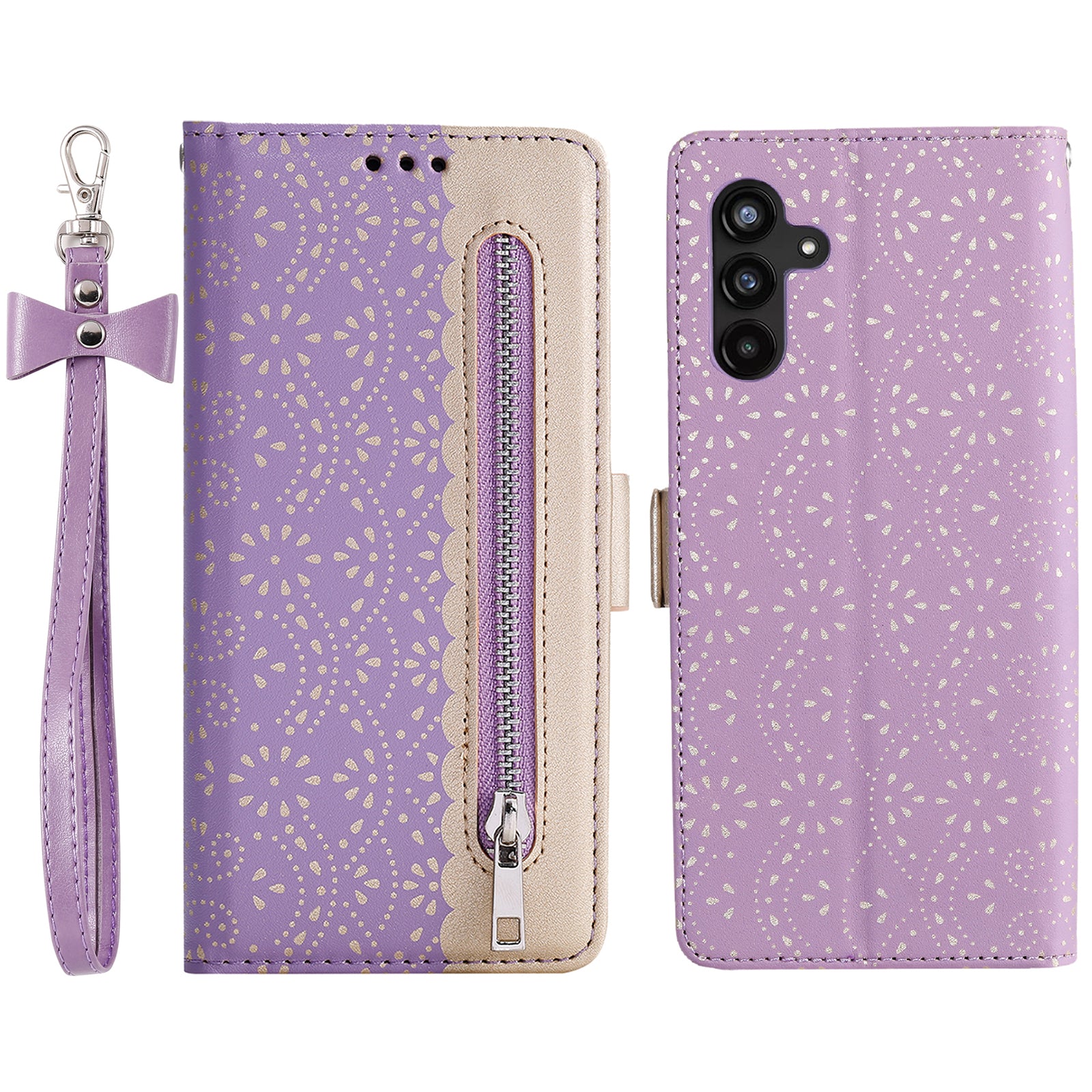 For Samsung Galaxy A54 5G Zipper Wallet Phone Case Lace Flower Pattern PU Leather Phone Stand Cover with Bowknot Wrist Strap