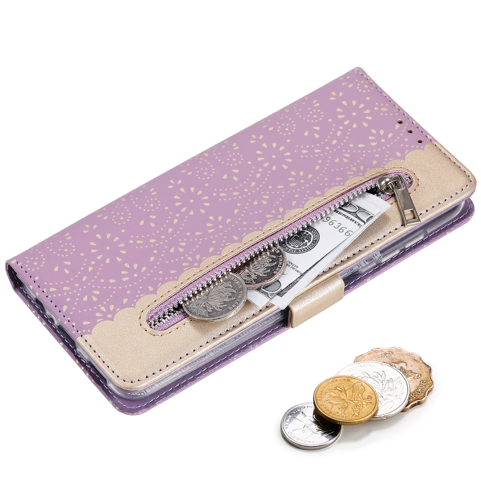 For Samsung Galaxy A34 5G Anti-Scratch PU Leather Phone Stand Cover Zipper Wallet Lace Flower Pattern Cell Phone Case with Bowknot Wrist Strap