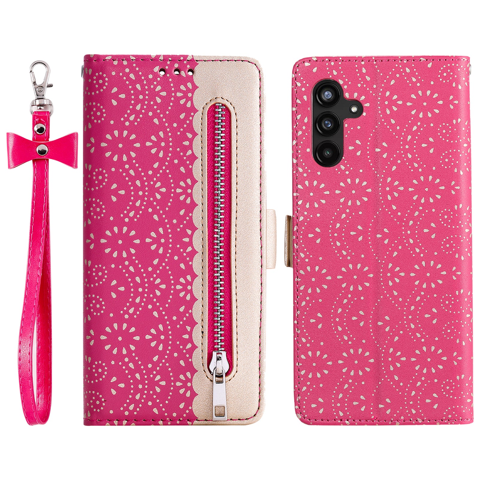 For Samsung Galaxy A34 5G Anti-Scratch PU Leather Phone Stand Cover Zipper Wallet Lace Flower Pattern Cell Phone Case with Bowknot Wrist Strap