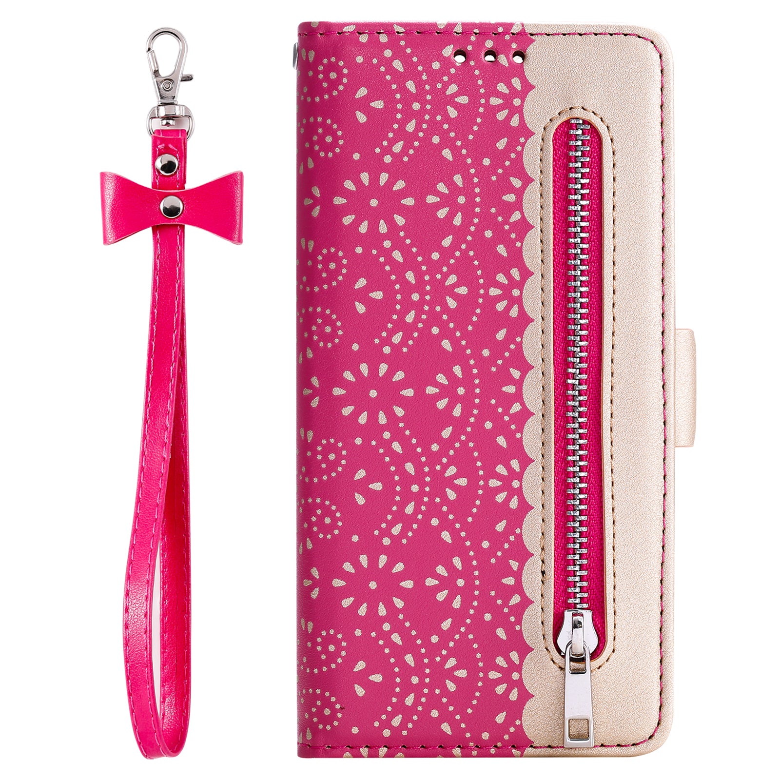 For Samsung Galaxy A34 5G Anti-Scratch PU Leather Phone Stand Cover Zipper Wallet Lace Flower Pattern Cell Phone Case with Bowknot Wrist Strap