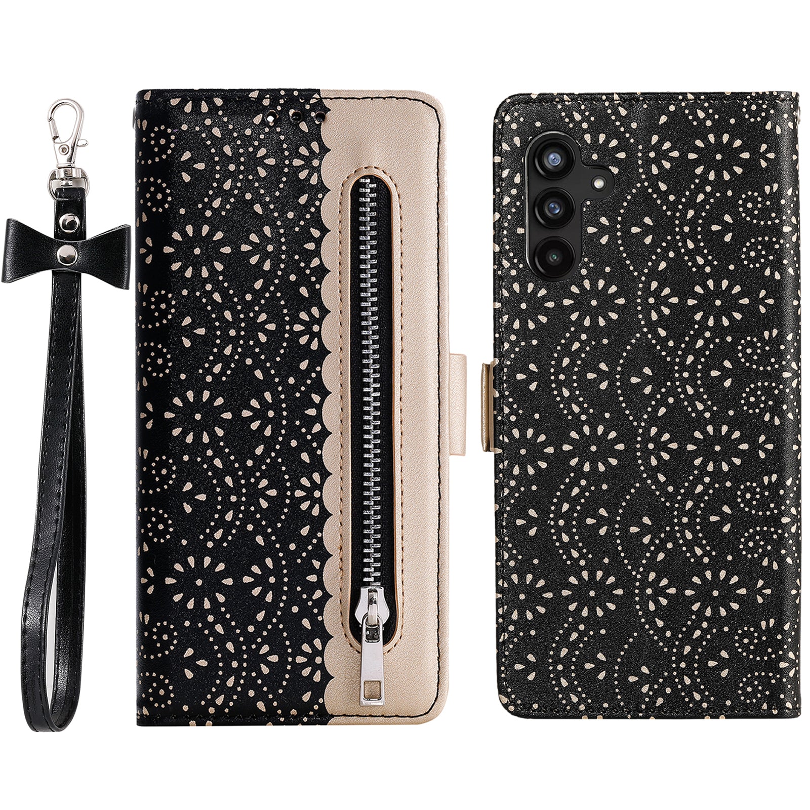 For Samsung Galaxy A14 5G Phone Stand Cover Zipper Wallet Lace Flower Pattern PU Leather Phone Case with Bowknot Wrist Strap
