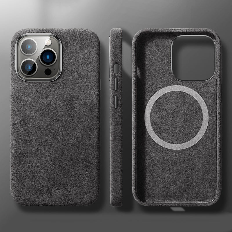 For iPhone 14 Pro Max Back Cover Compatible with MagSafe Suede Coated PC Phone Case with Metal Button