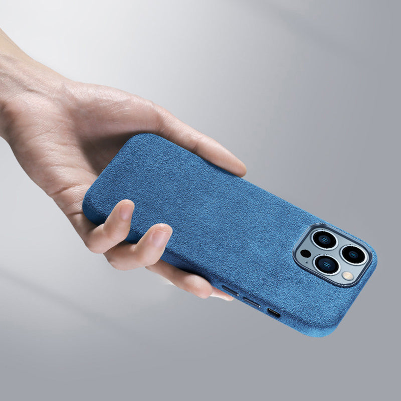 For iPhone 14 Pro Max Back Cover Compatible with MagSafe Suede Coated PC Phone Case with Metal Button