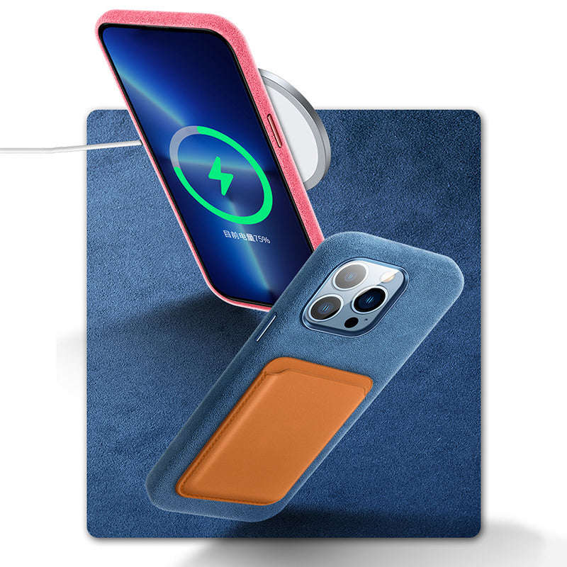 For iPhone 14 Pro Max Back Cover Compatible with MagSafe Suede Coated PC Phone Case with Metal Button