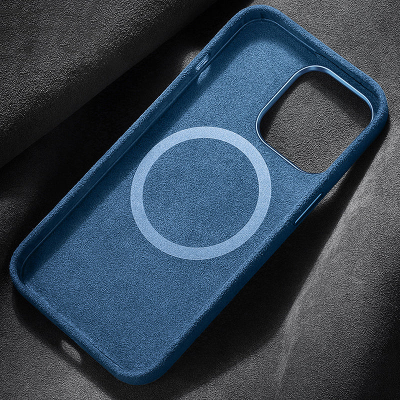 For iPhone 14 Pro Max Back Cover Compatible with MagSafe Suede Coated PC Phone Case with Metal Button