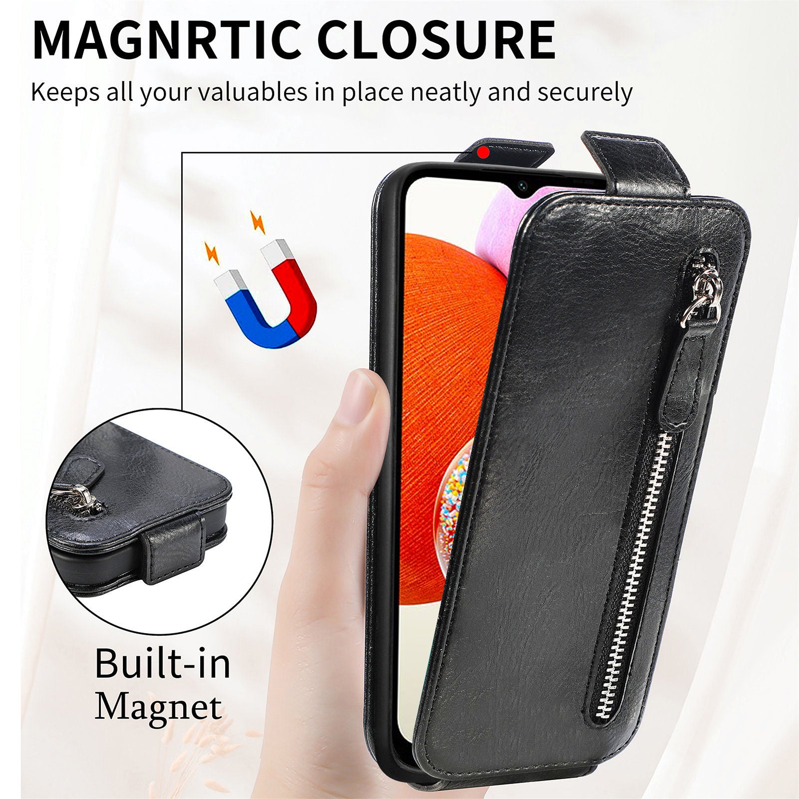 Vertikální flipové pouzdro na telefon Samsung Galaxy A14 5G A14 4G PU kožená peněženka na zip skládací kryt stojanu