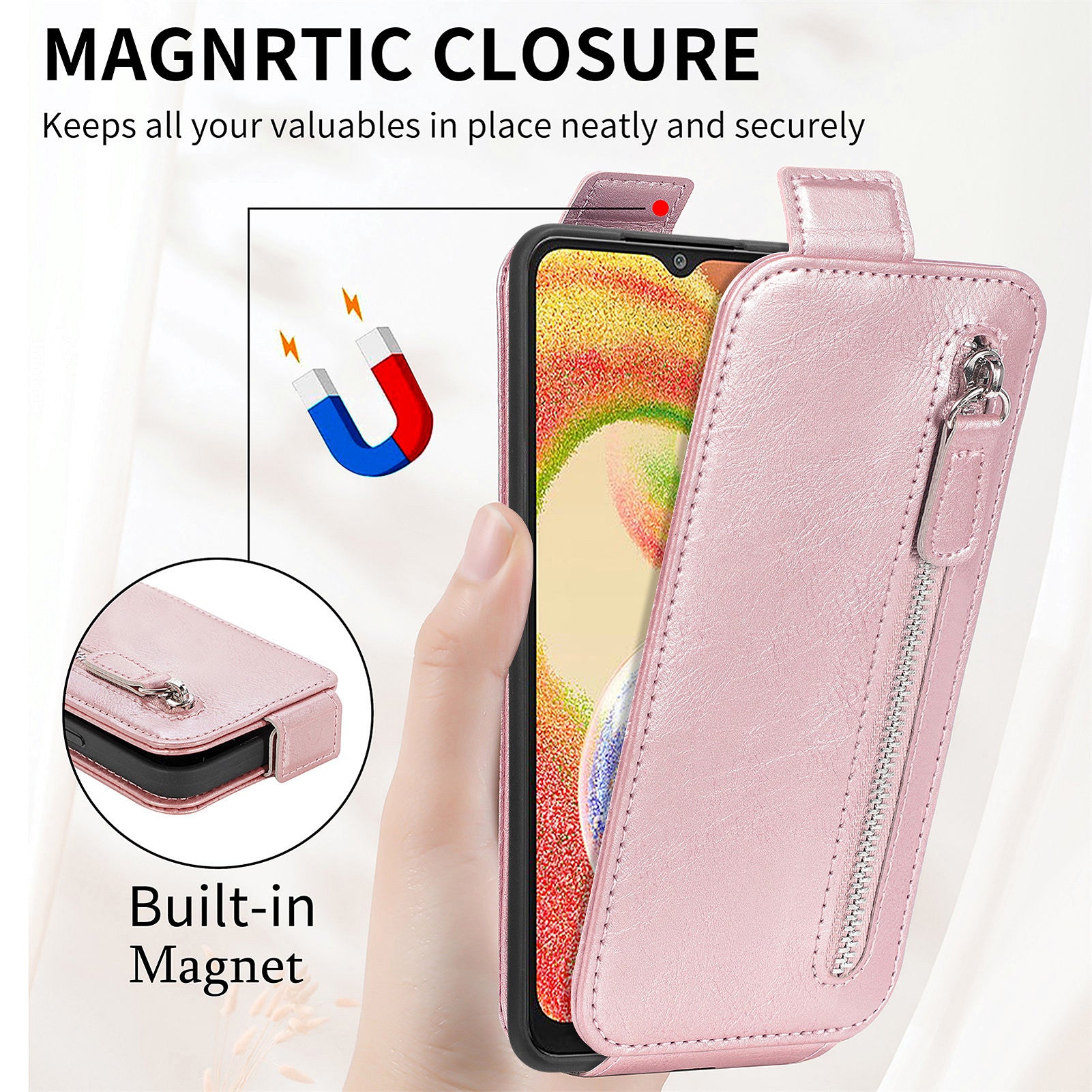 Vertikální flipové pouzdro na telefon pro Samsung Galaxy A04 4G (164,4 x 76,3 x 9,1 mm) PU kožená peněženka na zip Kryt handsfree stojanu