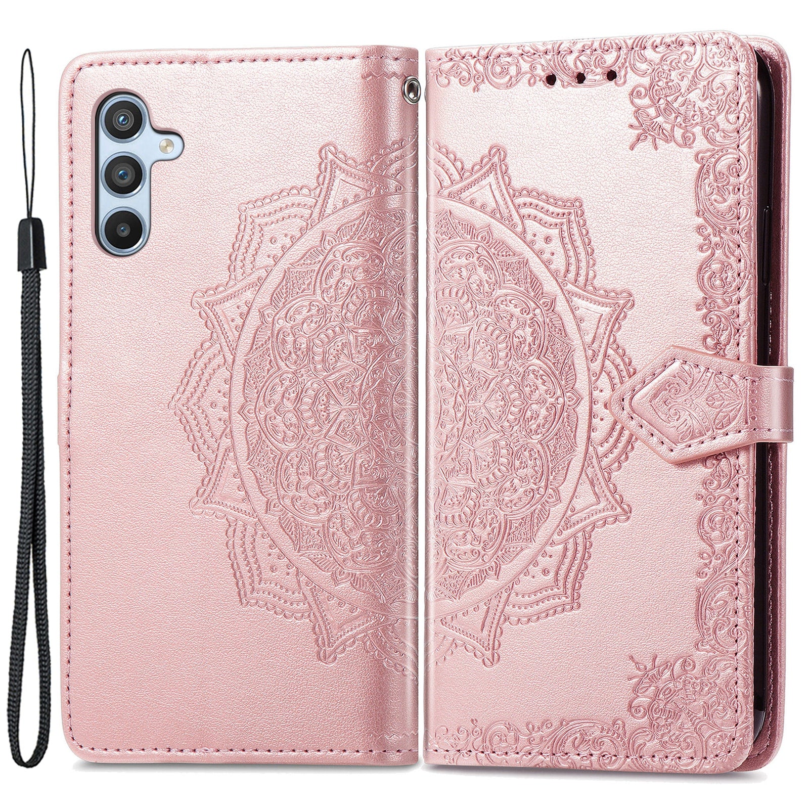 For Samsung Galaxy A14 5G A14 4G Embossed Mandala Pattern Phone Case Stand Fully Wrapped PU Leather Wallet Folio Cover with Strap