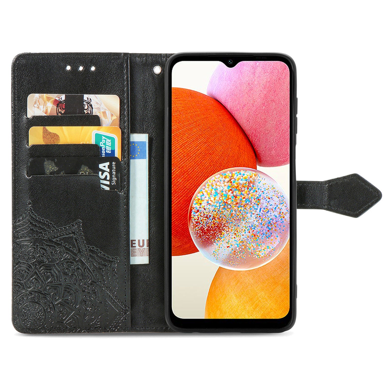 Til Samsung Galaxy A14 5G A14 4G præget mandala mønster telefontaske Stand Fuldt indpakket PU læder pung Folio Cover med rem