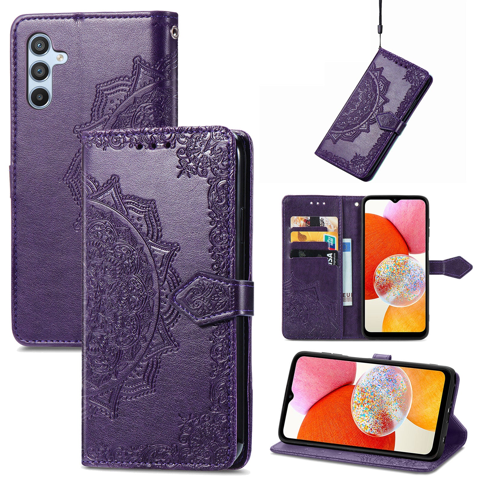 Til Samsung Galaxy A14 5G A14 4G præget mandala mønster telefontaske Stand Fuldt indpakket PU læder pung Folio Cover med rem