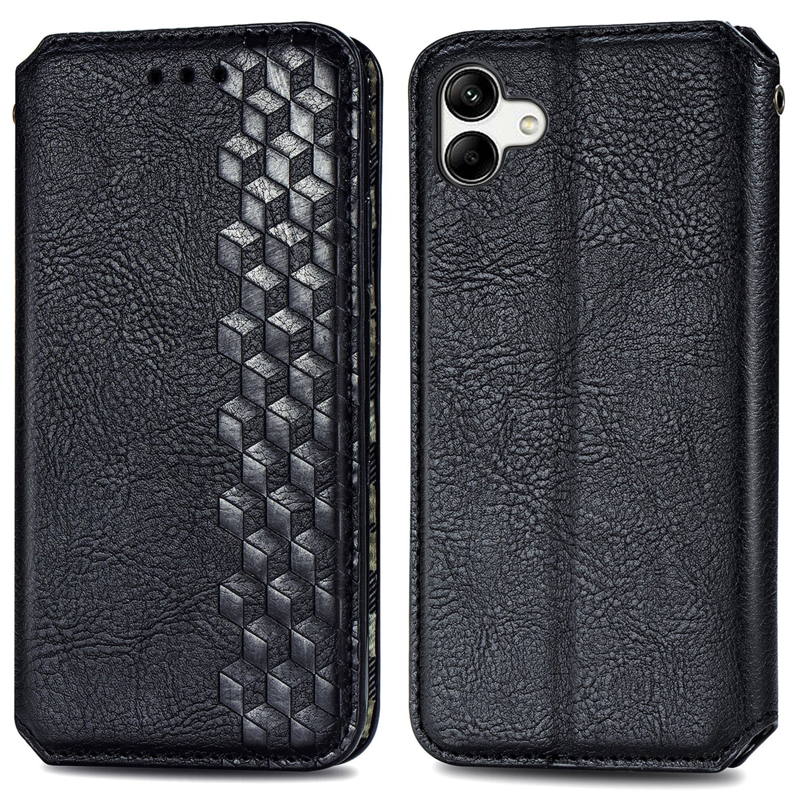 For Samsung Galaxy A04 4G (164.4 x 76.3 x 9.1 mm) PU Leather Rhombus Imprinted Fall-proof Cover Magnetic Auto-absorbed Stand Wallet Folio Flip Phone Case
