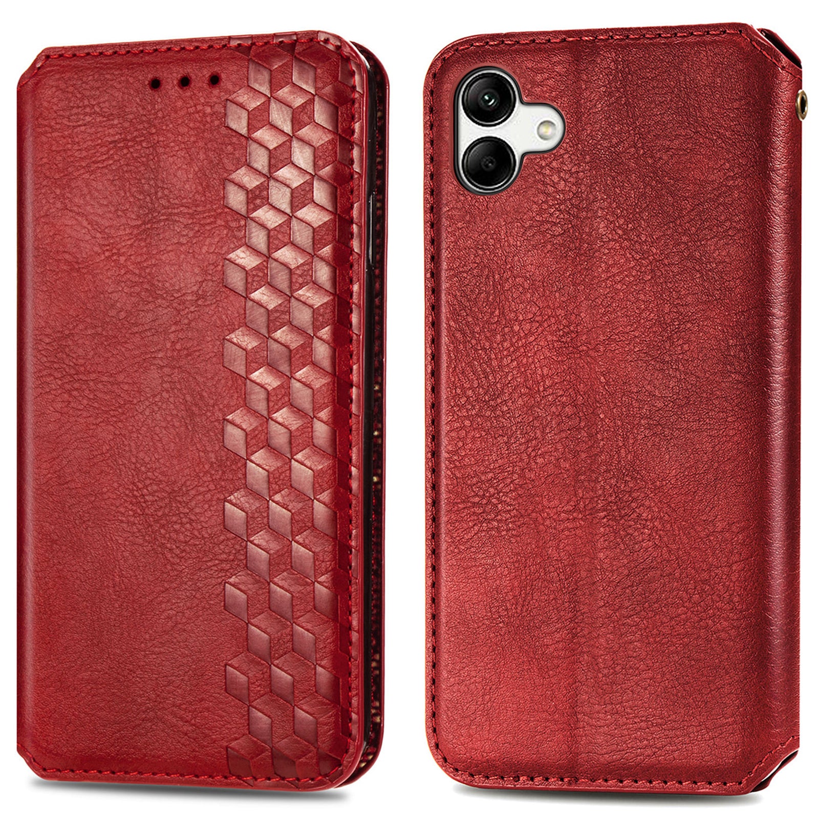 For Samsung Galaxy A04 4G (164.4 x 76.3 x 9.1 mm) PU Leather Rhombus Imprinted Fall-proof Cover Magnetic Auto-absorbed Stand Wallet Folio Flip Phone Case
