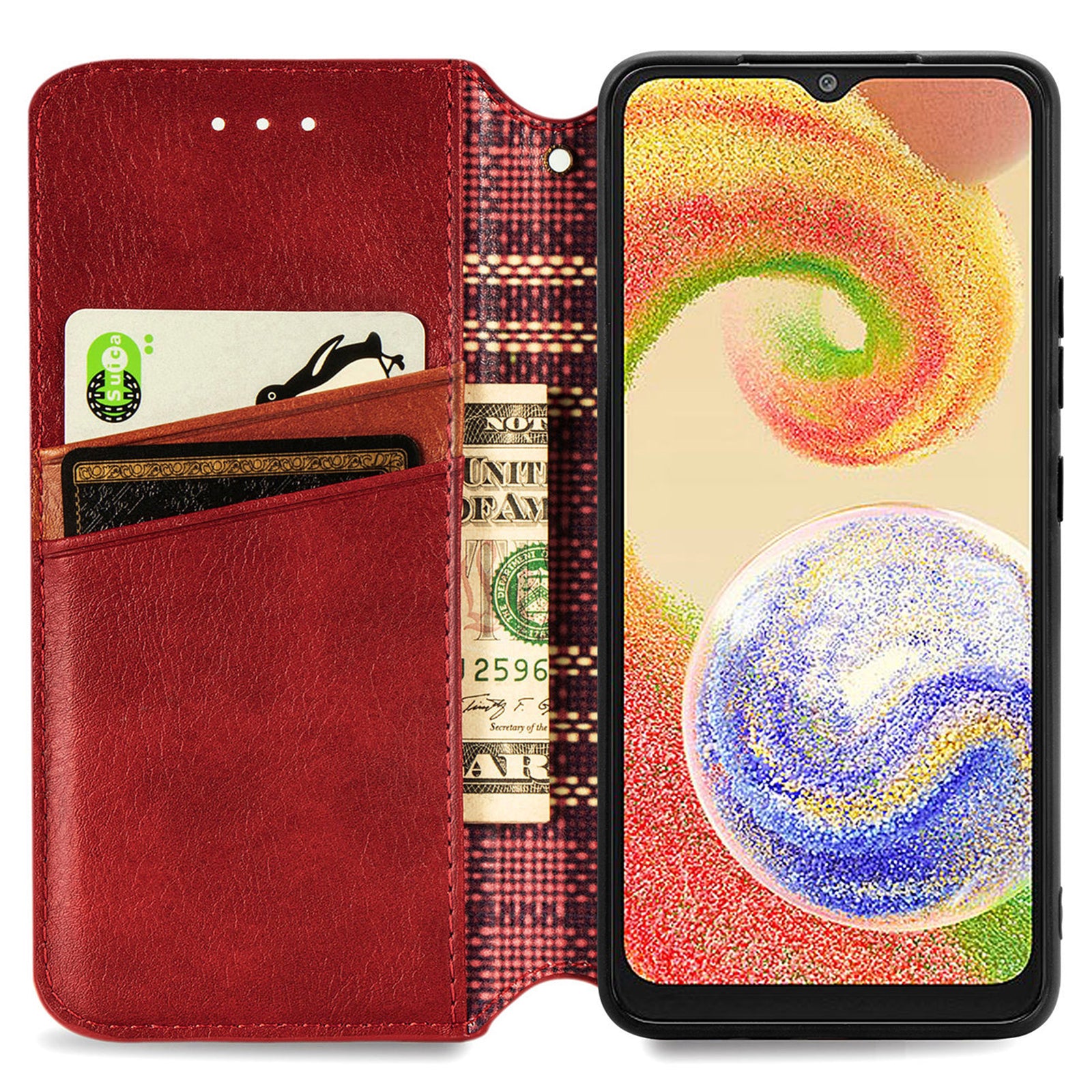 For Samsung Galaxy A04 4G (164.4 x 76.3 x 9.1 mm) PU Leather Rhombus Imprinted Fall-proof Cover Magnetic Auto-absorbed Stand Wallet Folio Flip Phone Case