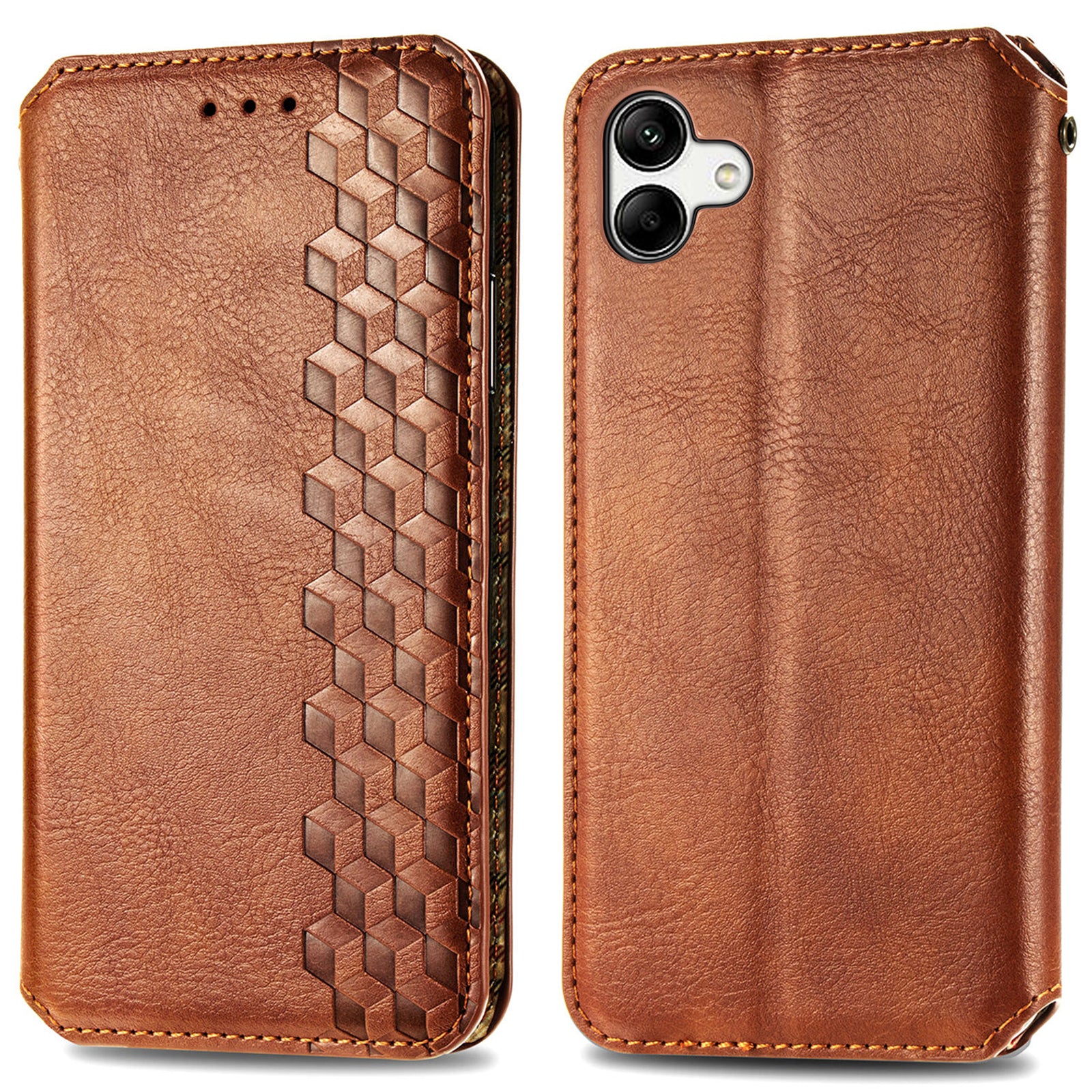 For Samsung Galaxy A04 4G (164.4 x 76.3 x 9.1 mm) PU Leather Rhombus Imprinted Fall-proof Cover Magnetic Auto-absorbed Stand Wallet Folio Flip Phone Case