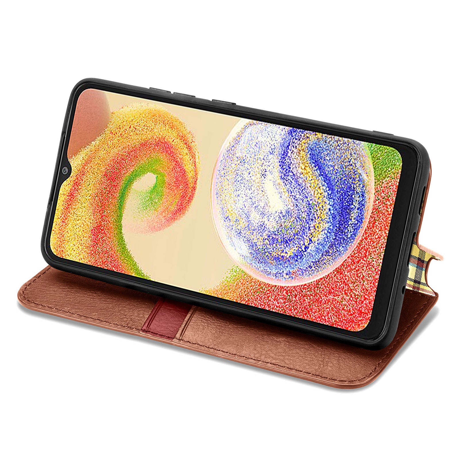 For Samsung Galaxy A04 4G (164.4 x 76.3 x 9.1 mm) PU Leather Rhombus Imprinted Fall-proof Cover Magnetic Auto-absorbed Stand Wallet Folio Flip Phone Case