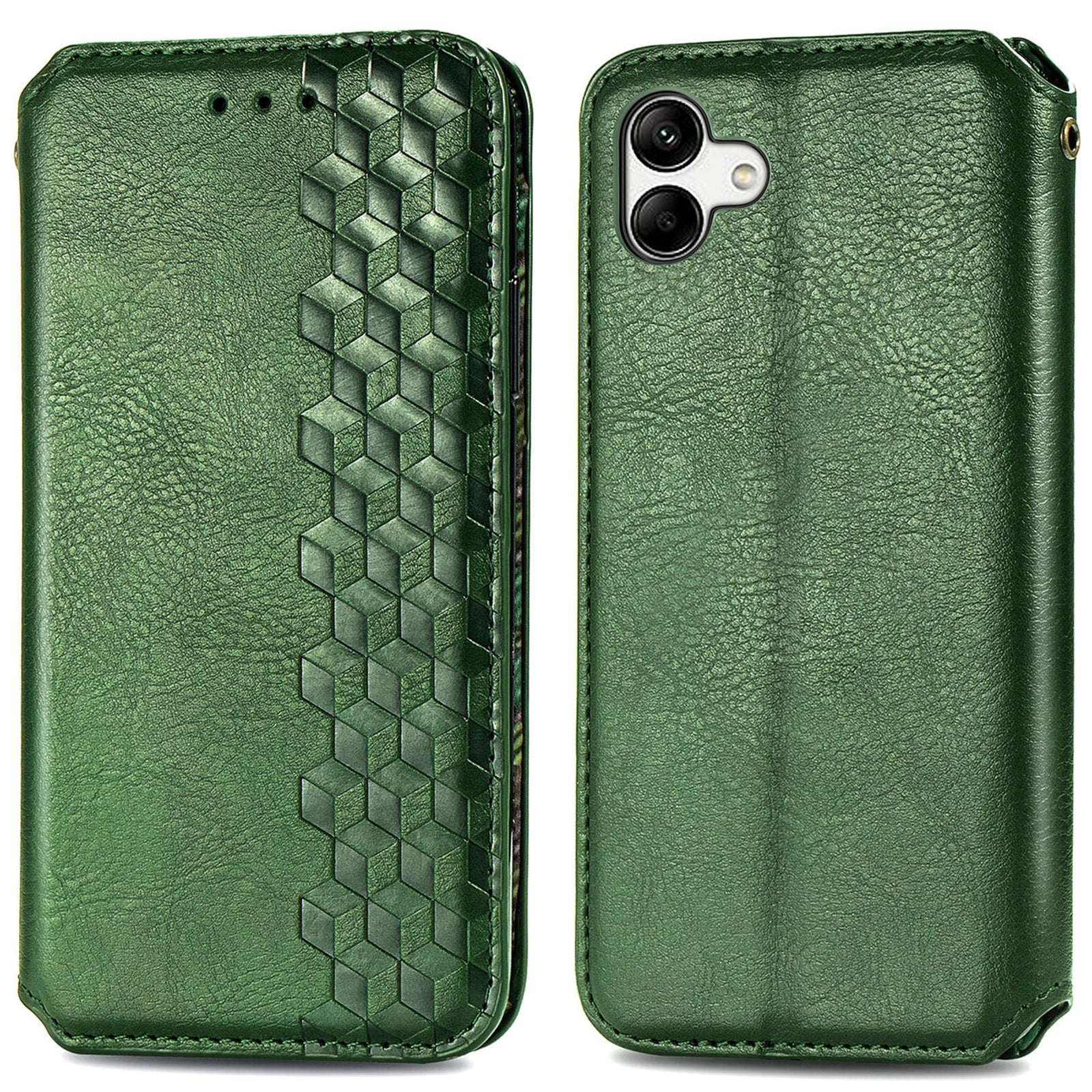For Samsung Galaxy A04 4G (164.4 x 76.3 x 9.1 mm) PU Leather Rhombus Imprinted Fall-proof Cover Magnetic Auto-absorbed Stand Wallet Folio Flip Phone Case